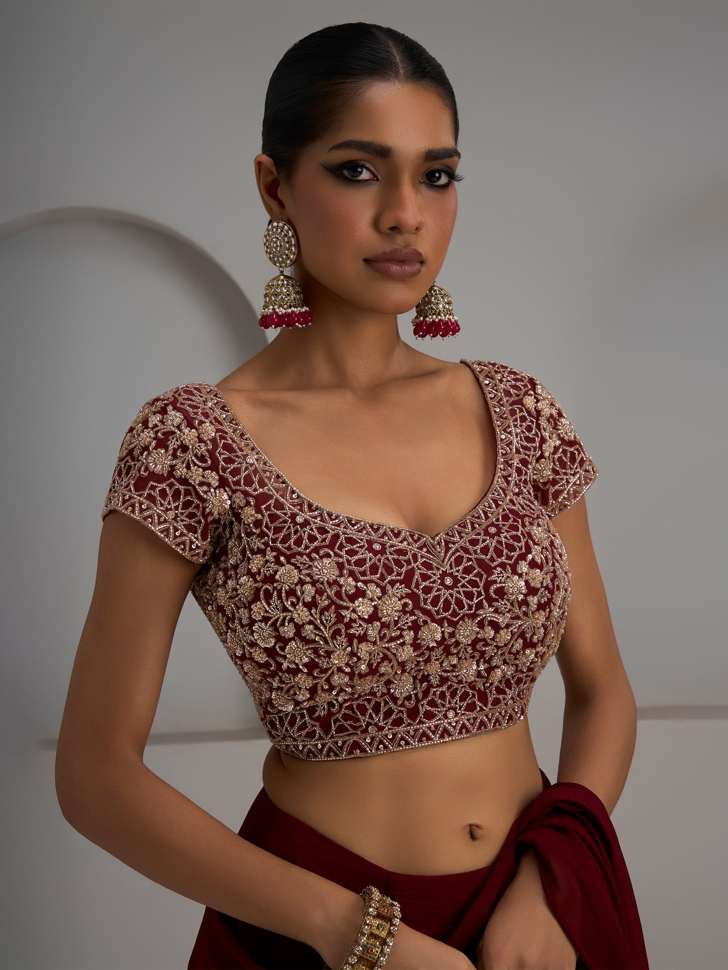 Maroon Net Blouse With Pre-Stitched Saree