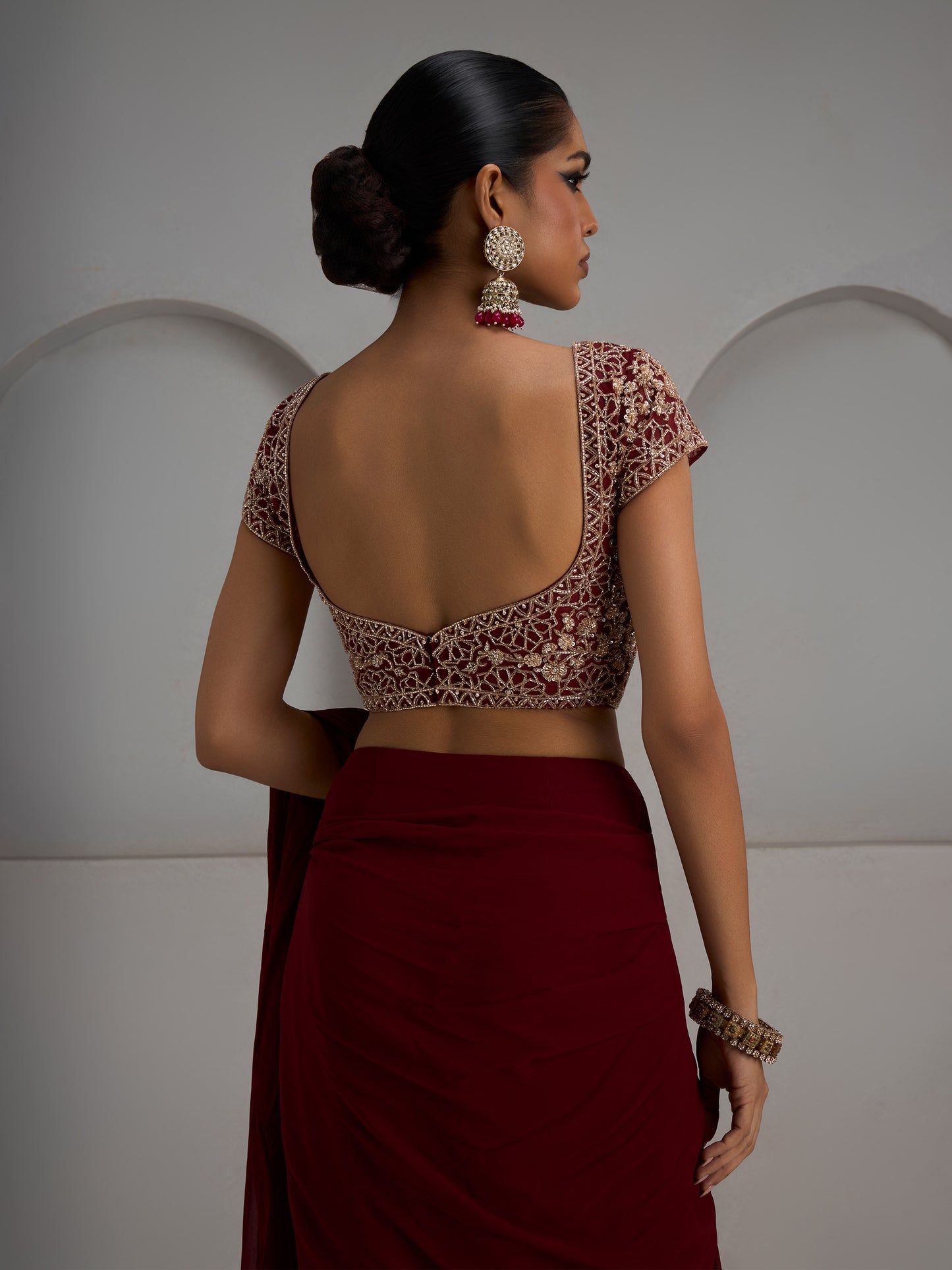 Maroon Net Blouse With Pre-Stitched Saree