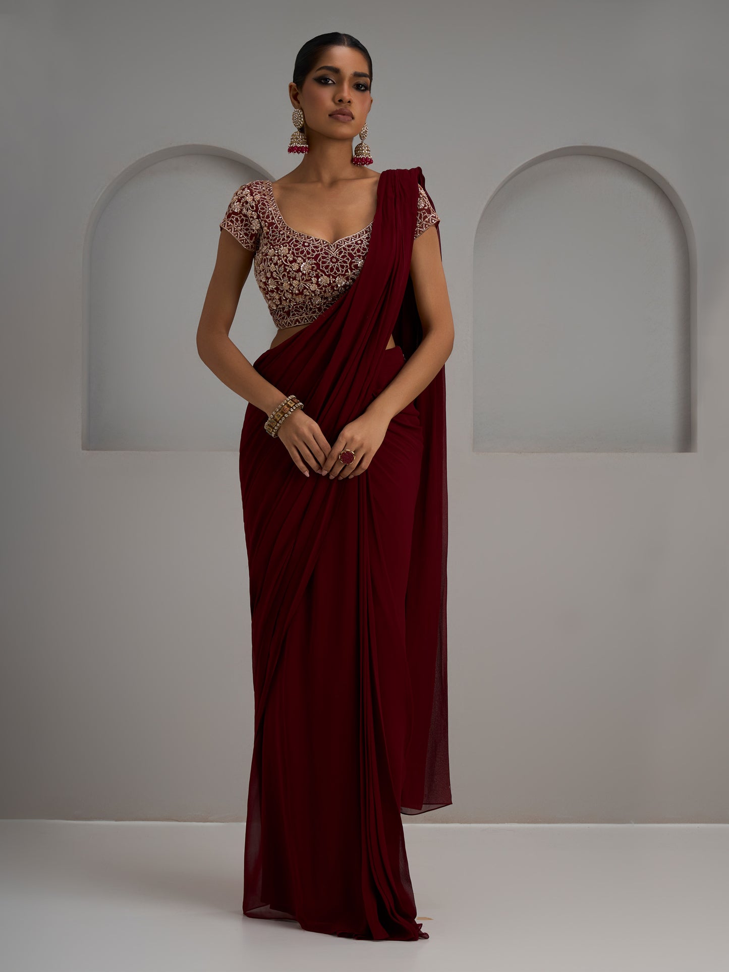 Maroon Net Blouse With Pre-Stitched Saree