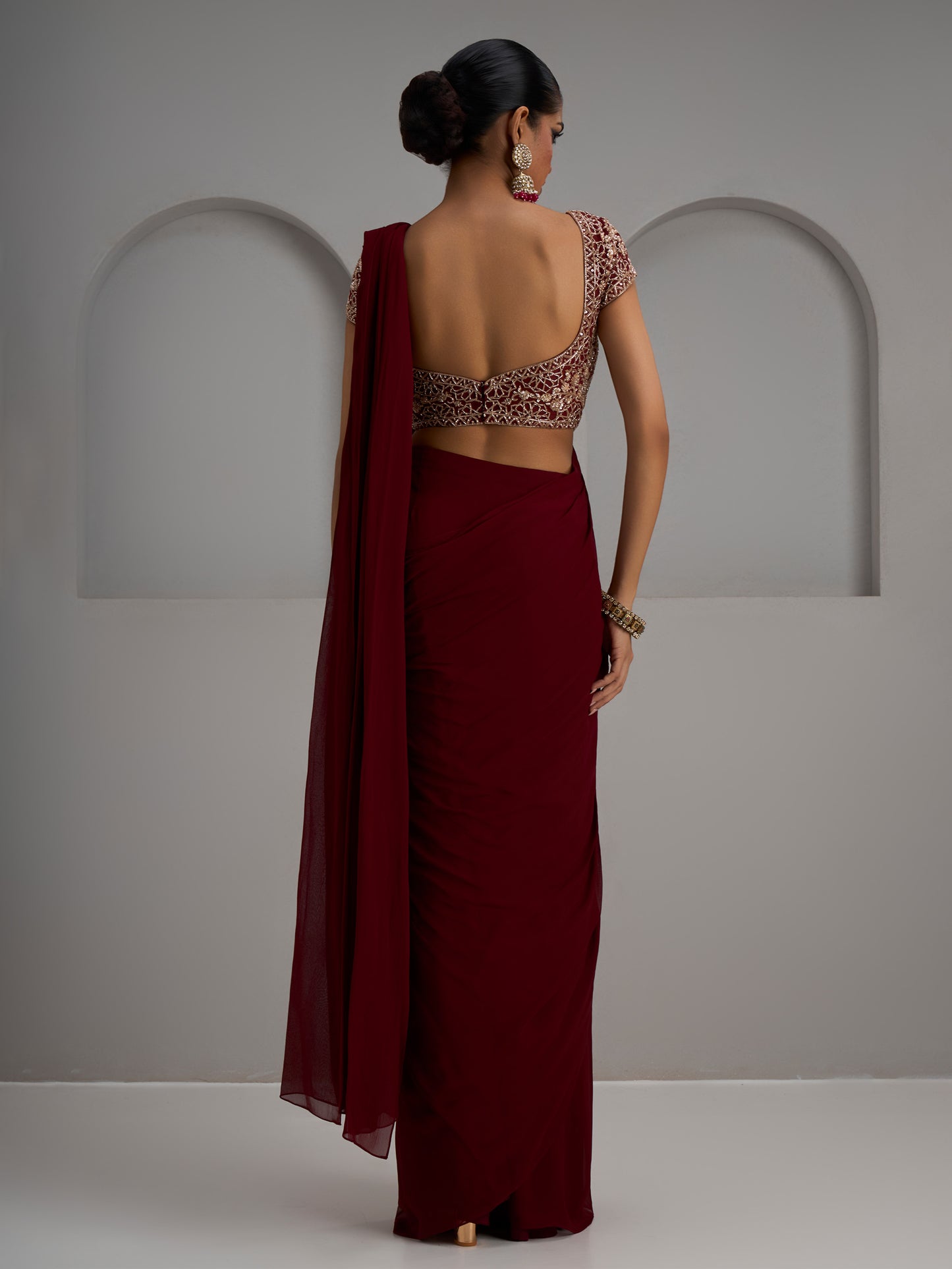Maroon Net Blouse With Pre-Stitched Saree