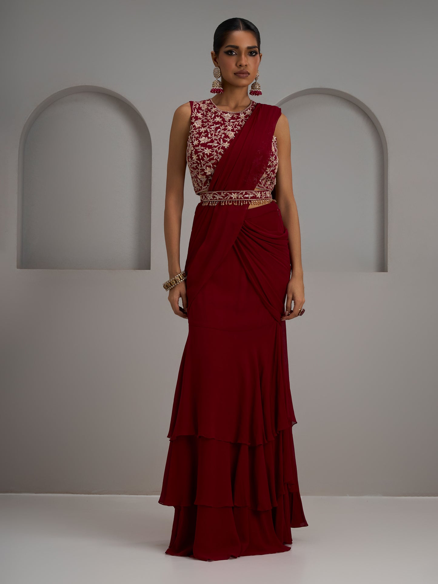 Alamkara Red Georgette Floral Blouse Paired With Three Layered Drape Saree And Belt