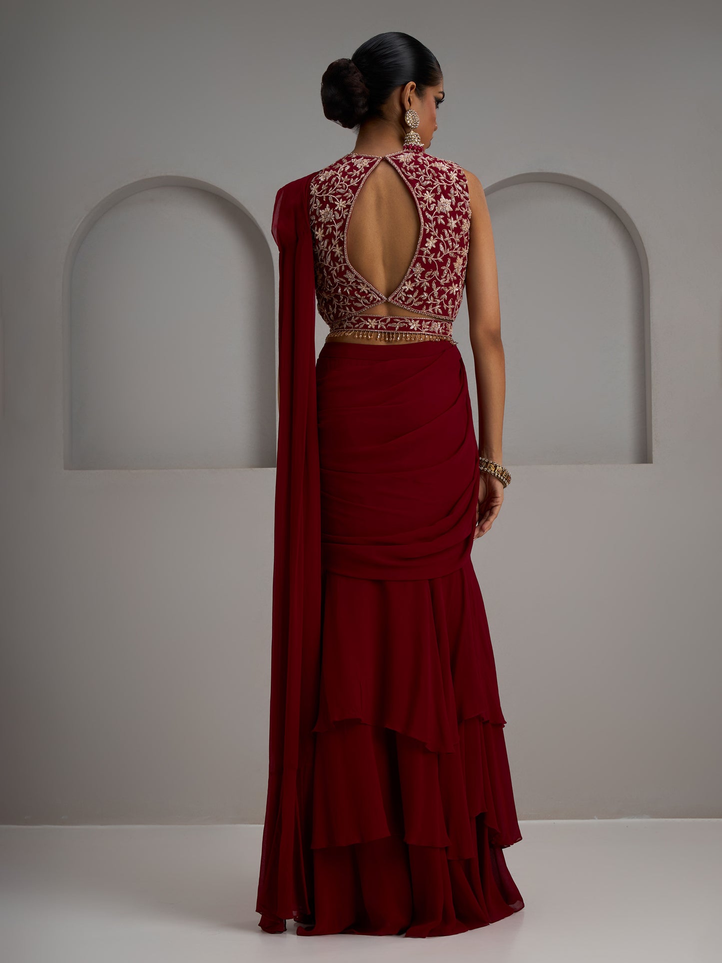 Alamkara Red Georgette Floral Blouse Paired With Three Layered Drape Saree And Belt