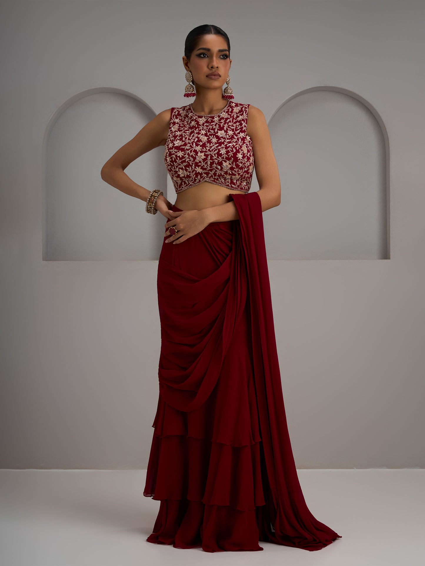 Alamkara Red Georgette Floral Blouse Paired With Three Layered Drape Saree And Belt
