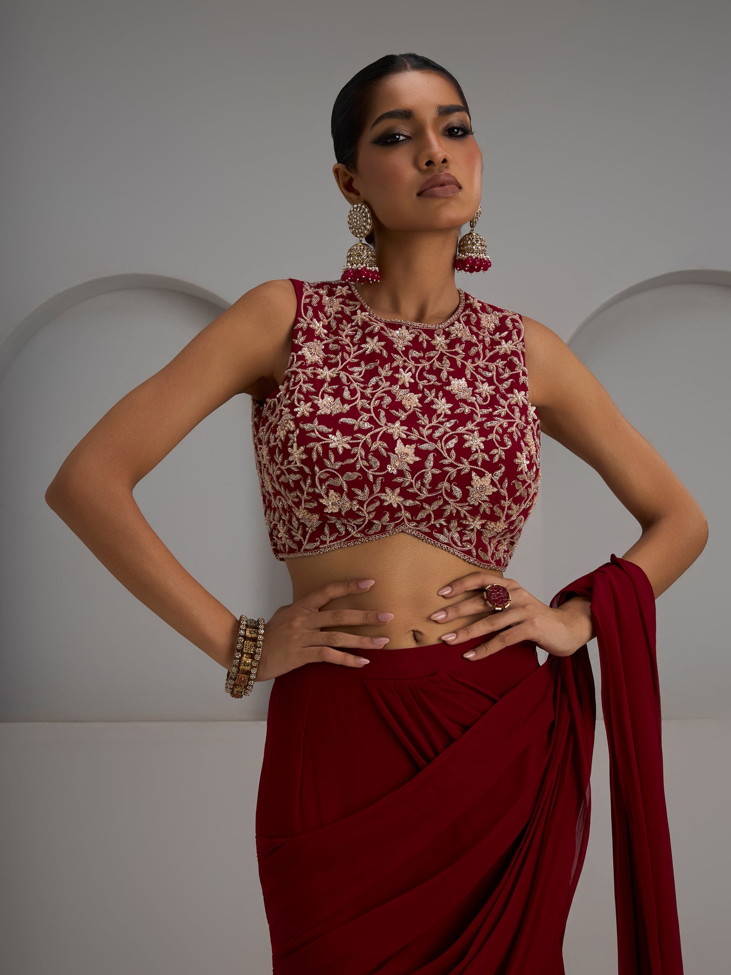 Alamkara Red Georgette Floral Blouse Paired With Three Layered Drape Saree And Belt