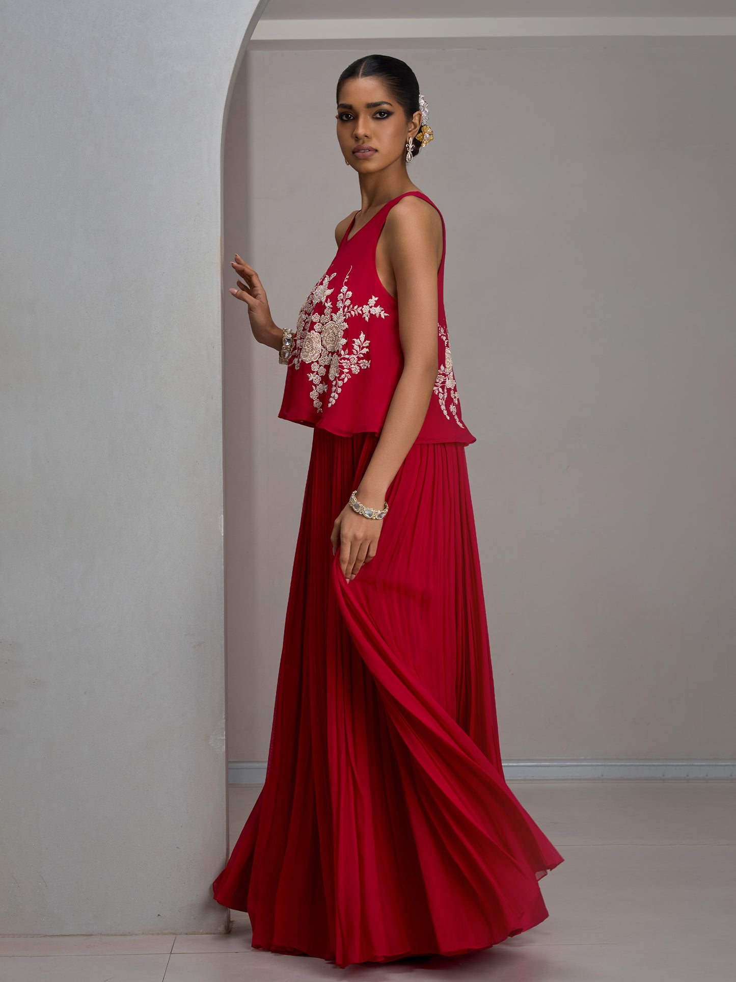 Cherry Red Georgette Spaghetti Top With Gathered Skirt And Choker Dupatta
