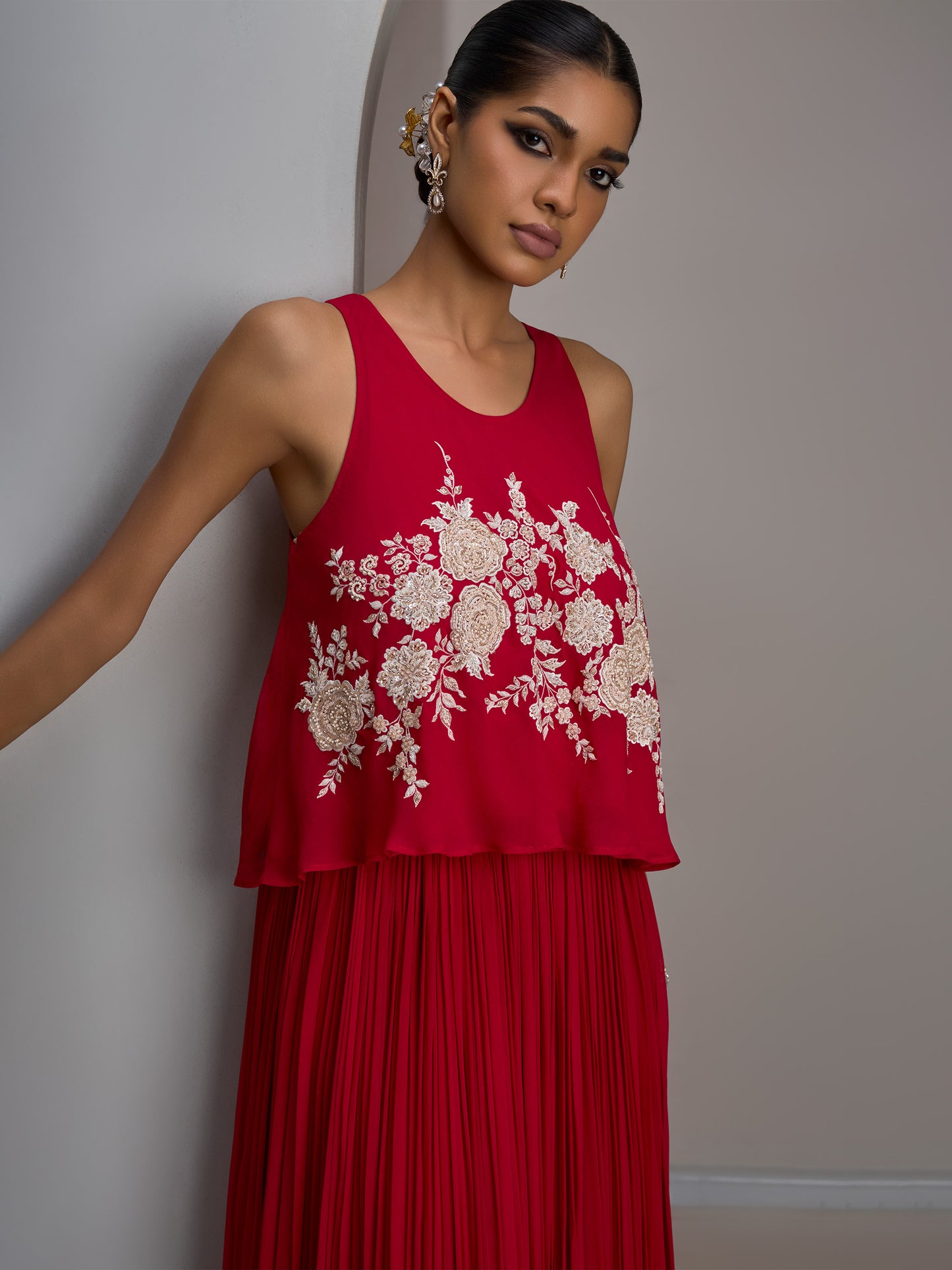Cherry Red Georgette Spaghetti Top With Gathered Skirt And Choker Dupatta