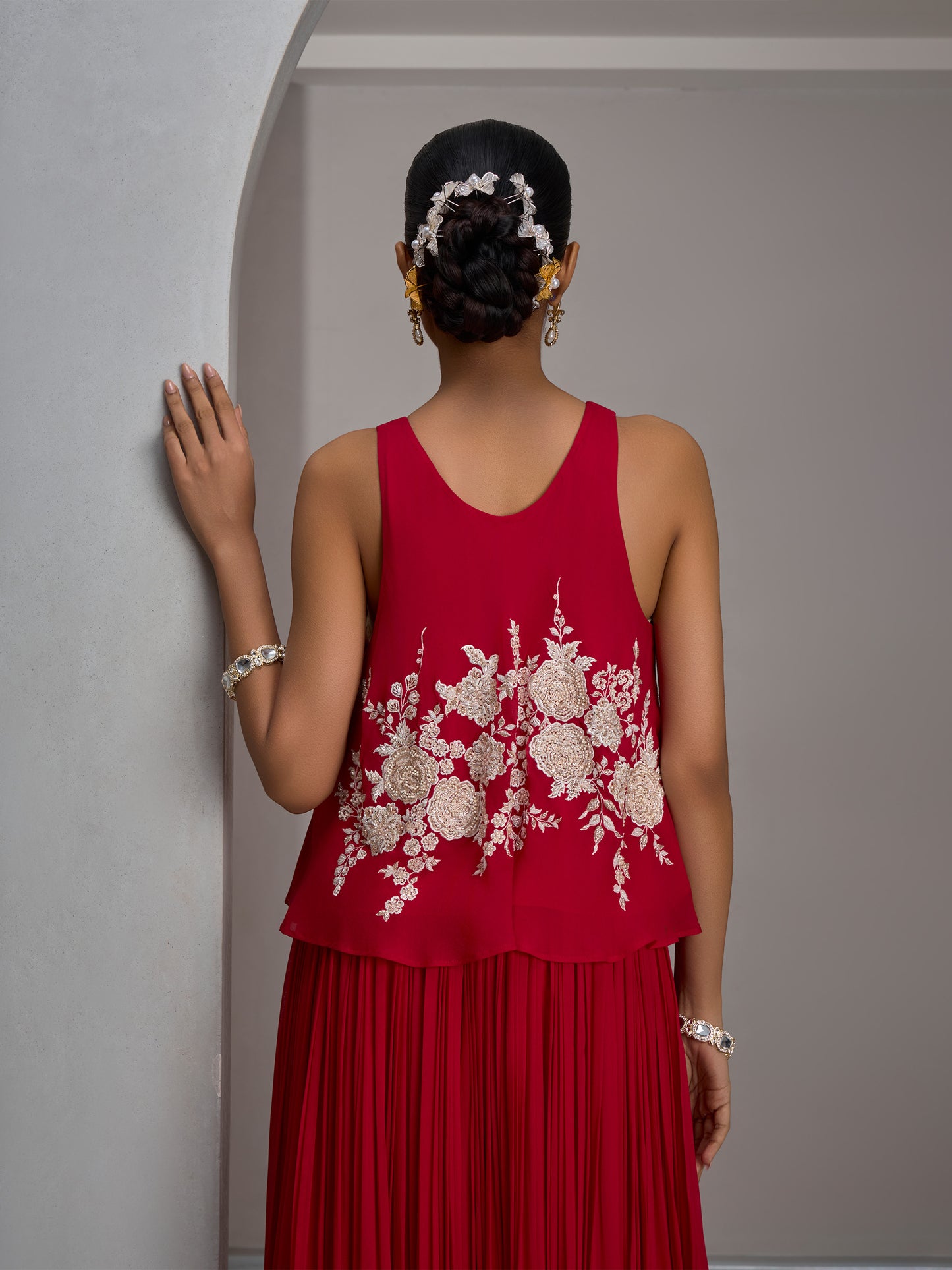 Cherry Red Georgette Spaghetti Top With Gathered Skirt And Choker Dupatta