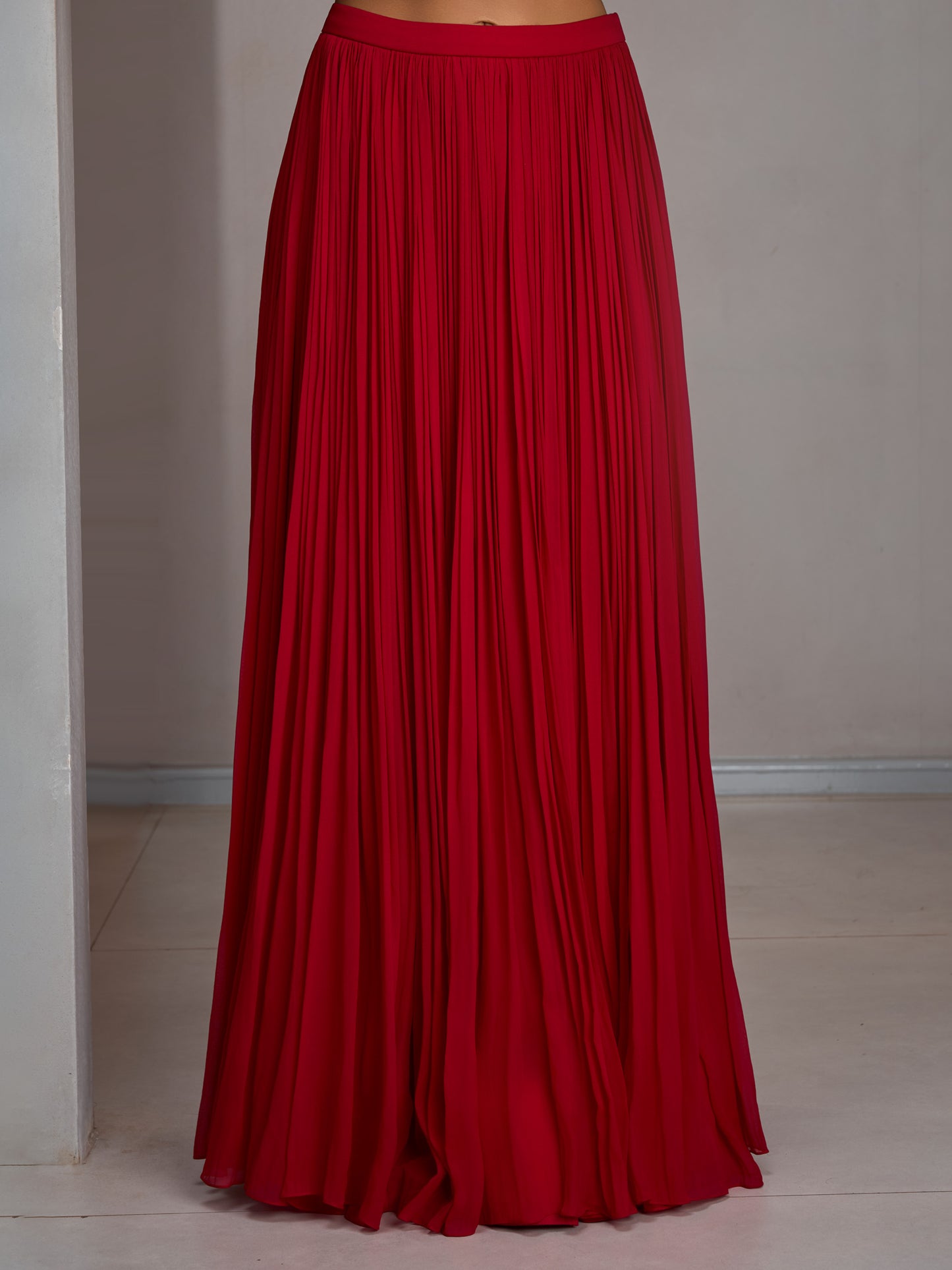 Cherry Red Georgette Spaghetti Top With Gathered Skirt And Choker Dupatta