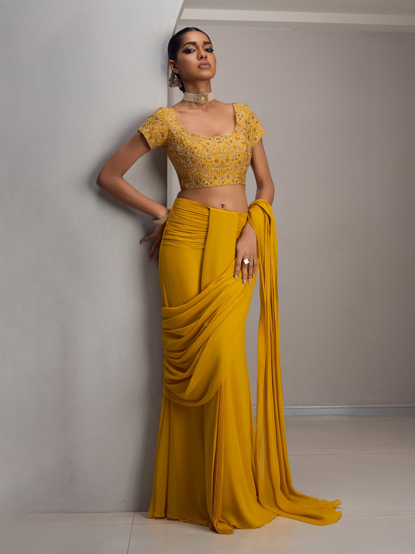 Mustard Rawsilk Blouse With Drape Saree And Belt