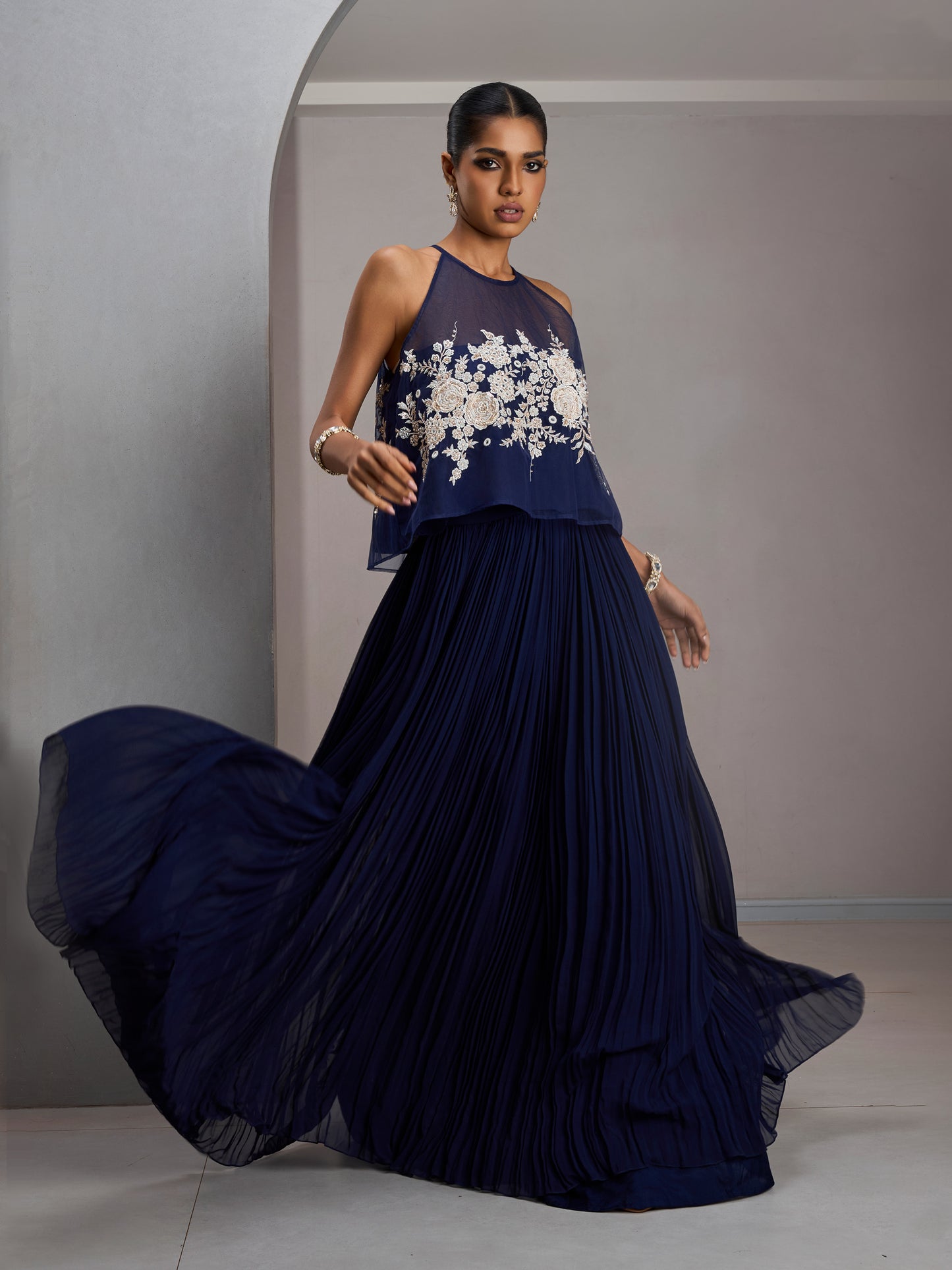 Navy Crop Top With Gather Skirt