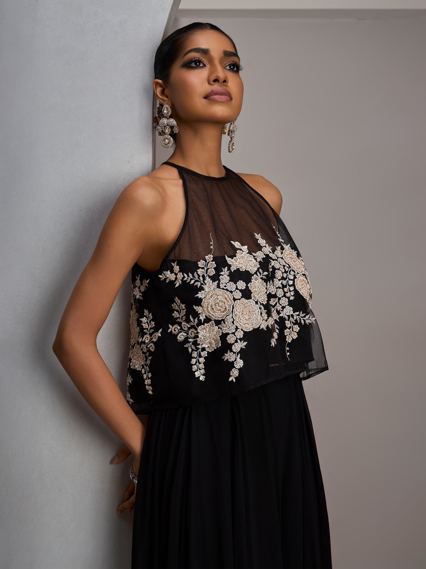 Black Crop Top With Ivory Work Paired With Flared Sharara Pants And A Stole