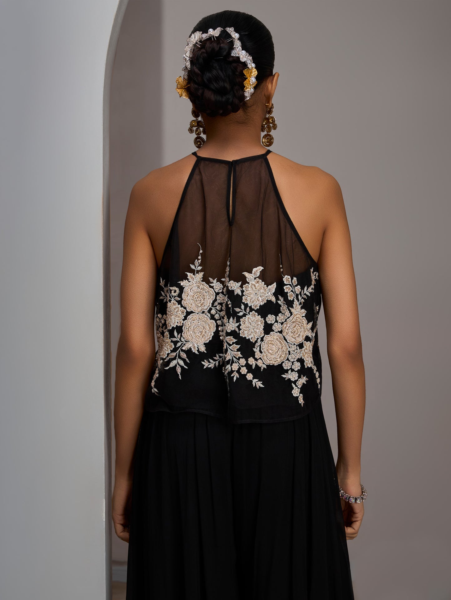 Black Crop Top With Ivory Work Paired With Flared Sharara Pants And A Stole