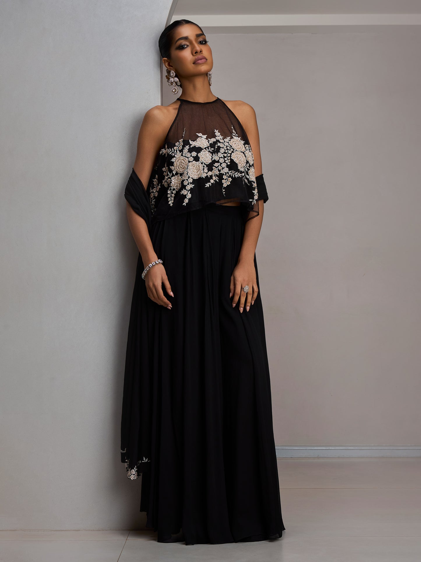 Black Crop Top With Ivory Work Paired With Flared Sharara Pants And A Stole