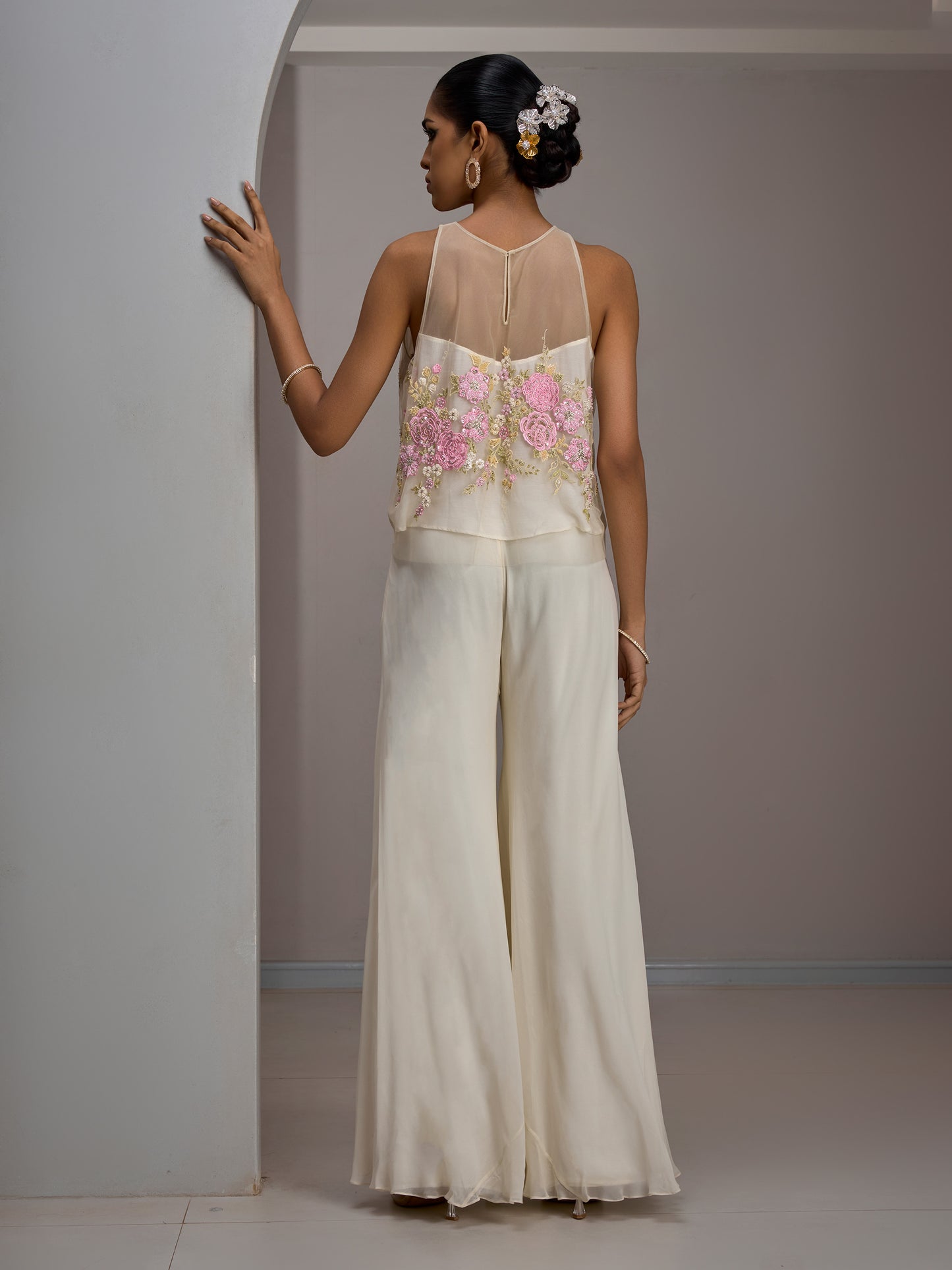 Ivory Net Crop Top With Pastel Embroidered Work And Georgette Flared Sharara Pants