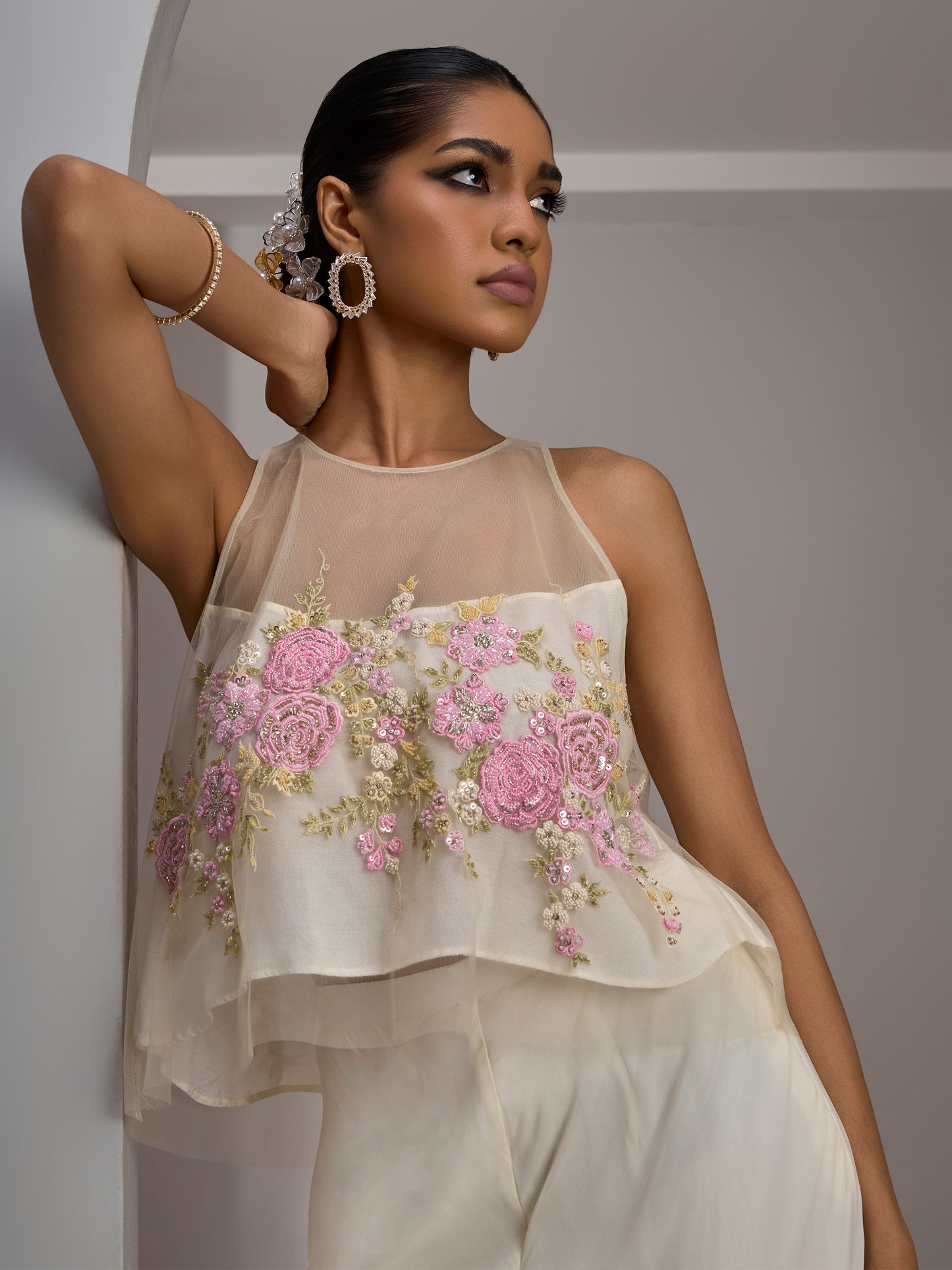 Ivory Net Crop Top With Pastel Embroidered Work And Georgette Flared Sharara Pants