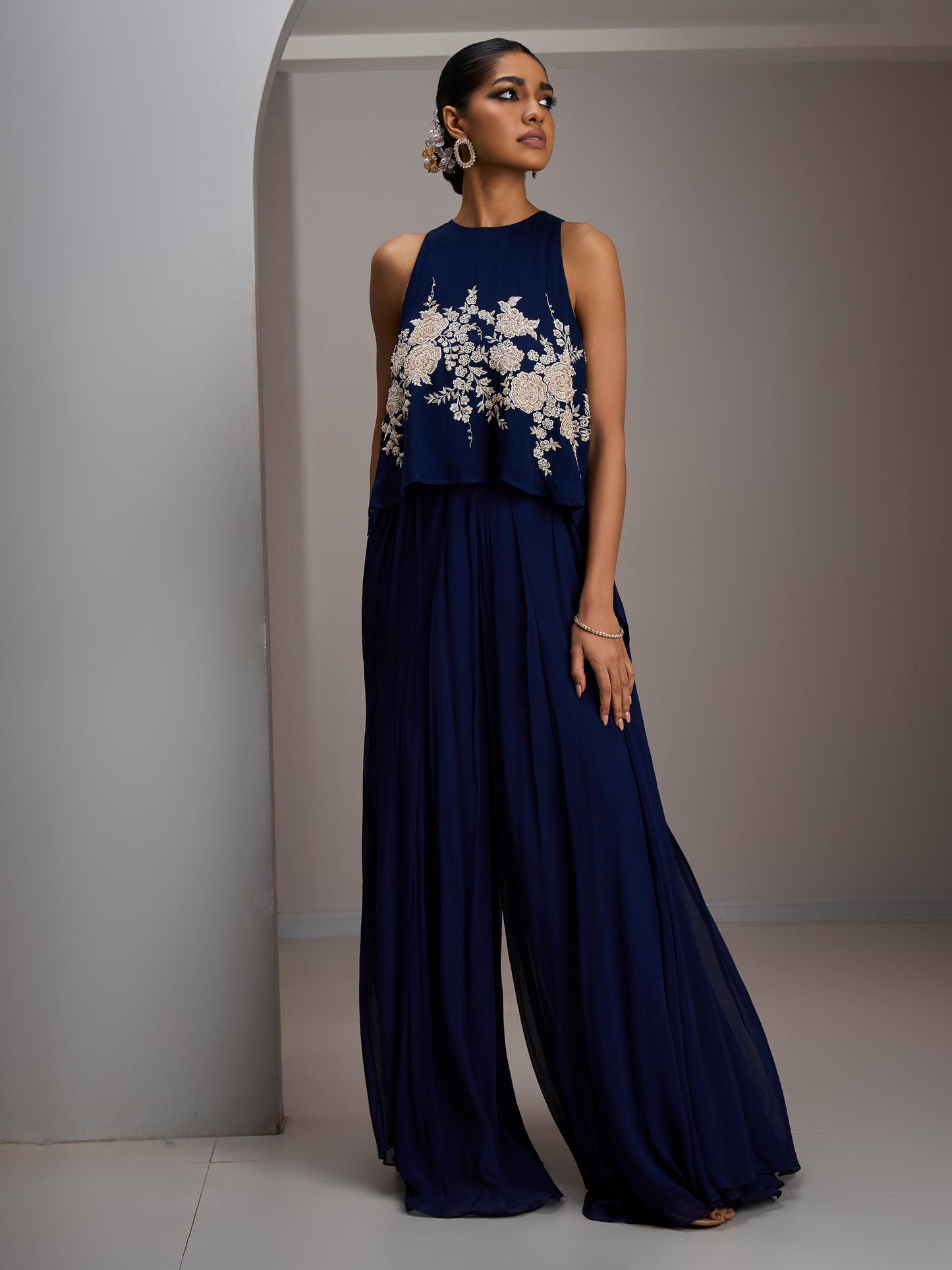 Navy Georgette Halter Crop Top With Georgette Flared Sharara Pants And Stole