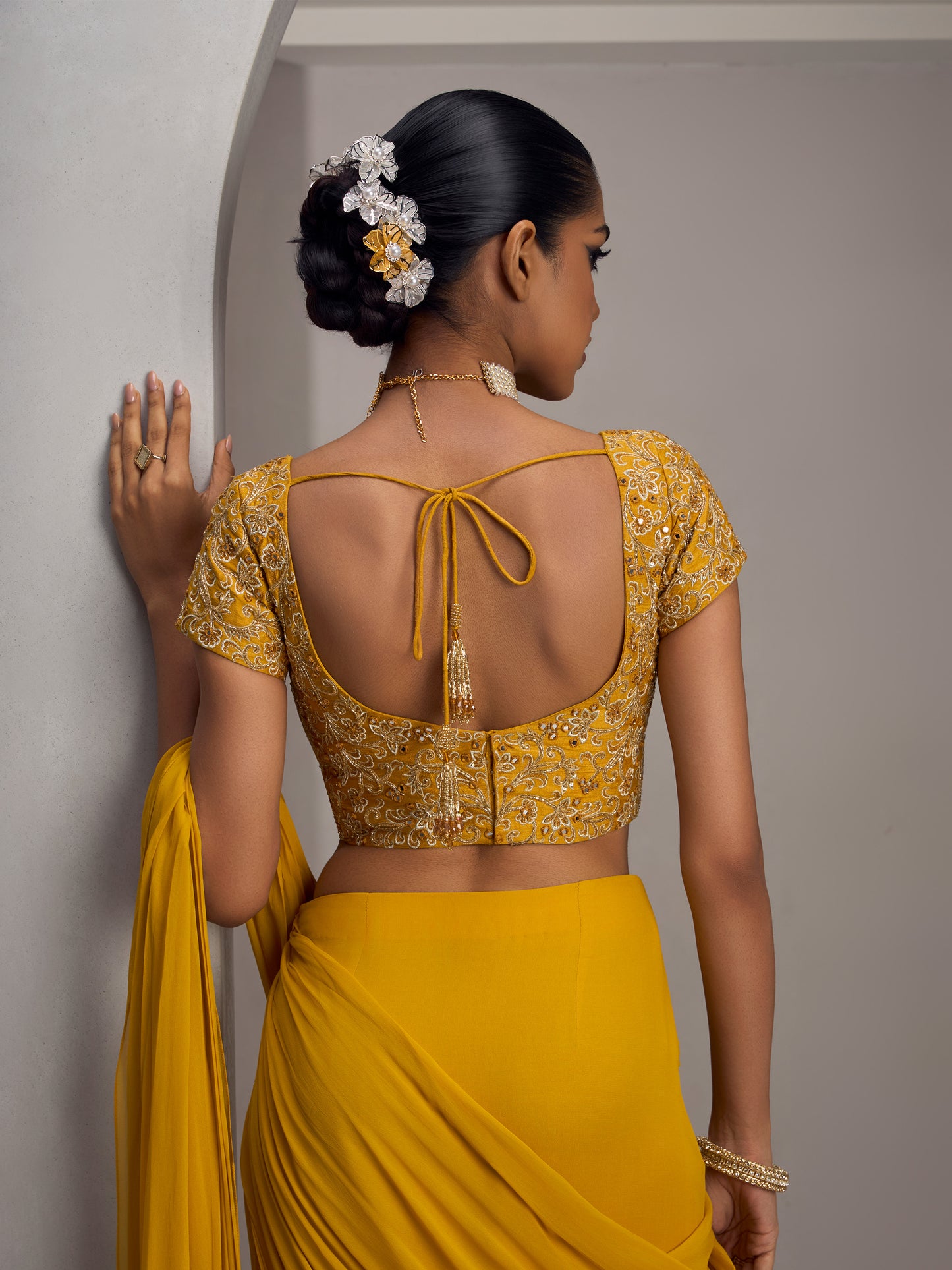 Mustard Rawsilk Blouse With Drape Saree And Belt