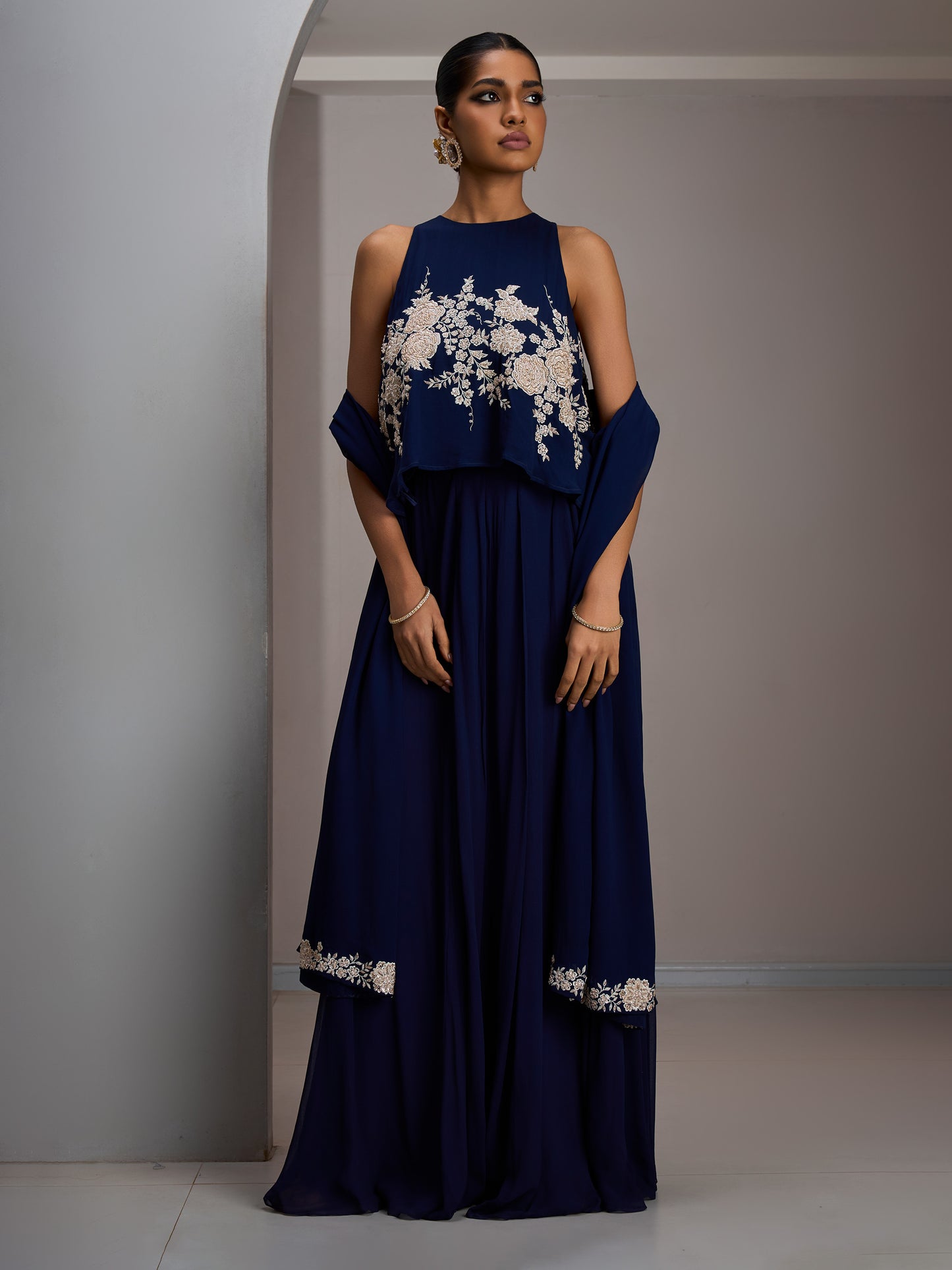 Navy Georgette Halter Crop Top With Georgette Flared Sharara Pants And Stole