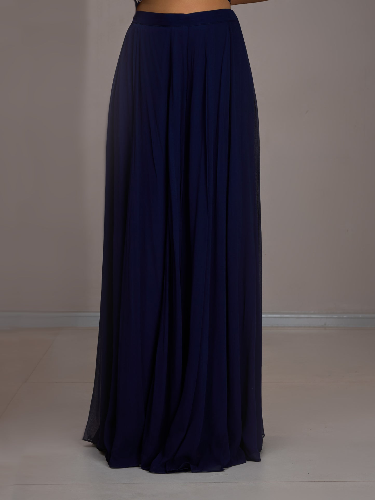 Navy Georgette Halter Crop Top With Georgette Flared Sharara Pants And Stole