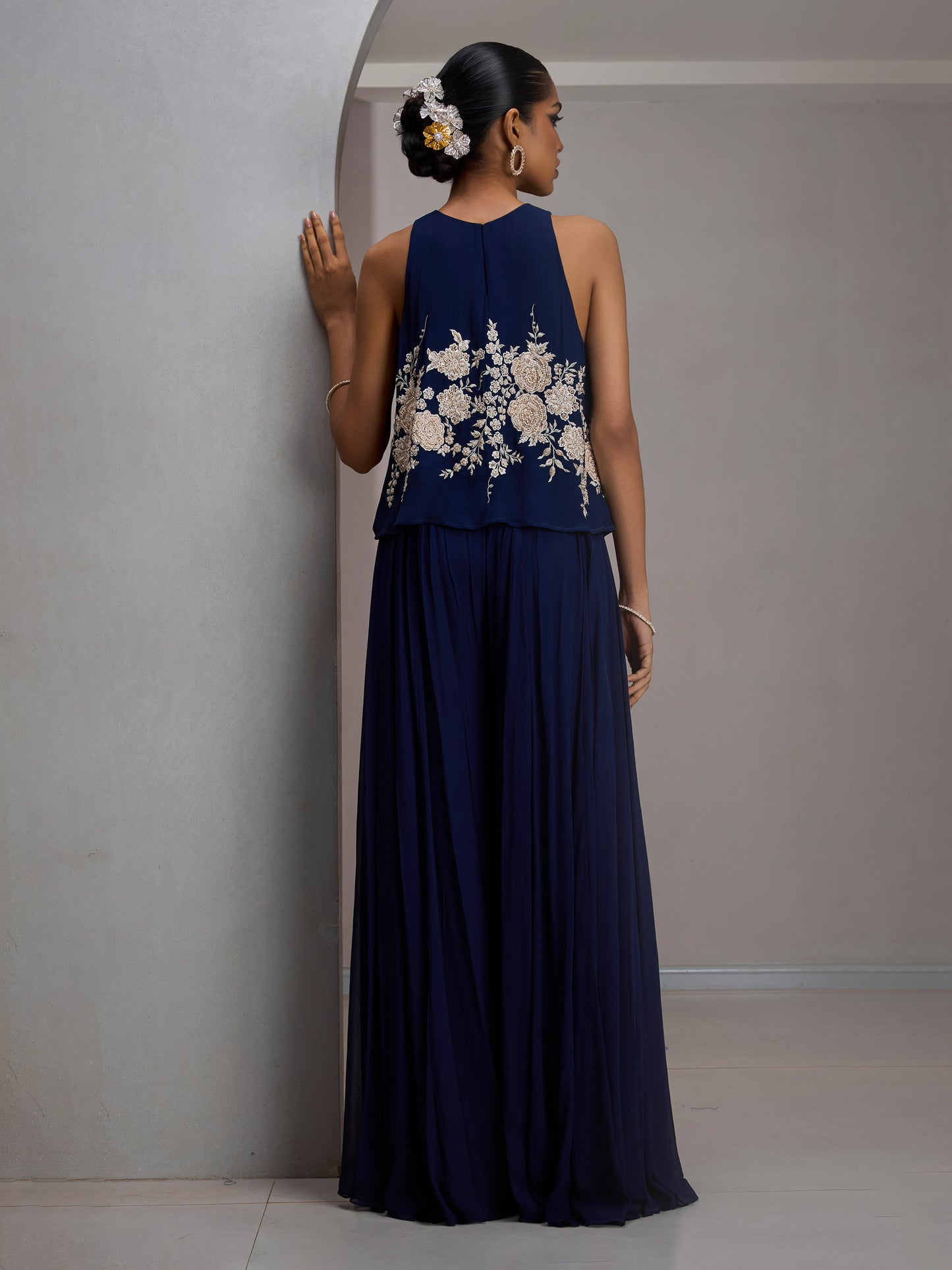 Navy Georgette Halter Crop Top With Georgette Flared Sharara Pants And Stole