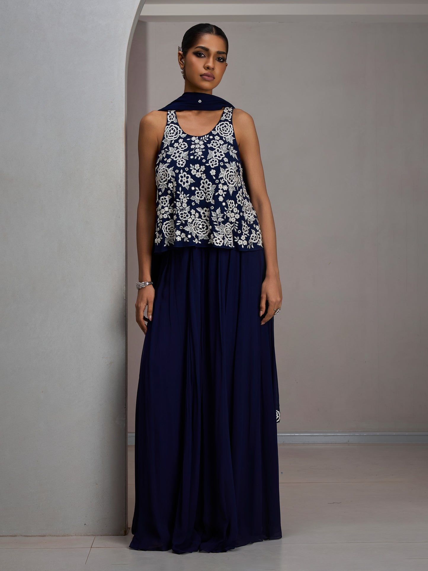 Navy Crop Top With Georgette Flared Sharara Pant And Stole Dupatta