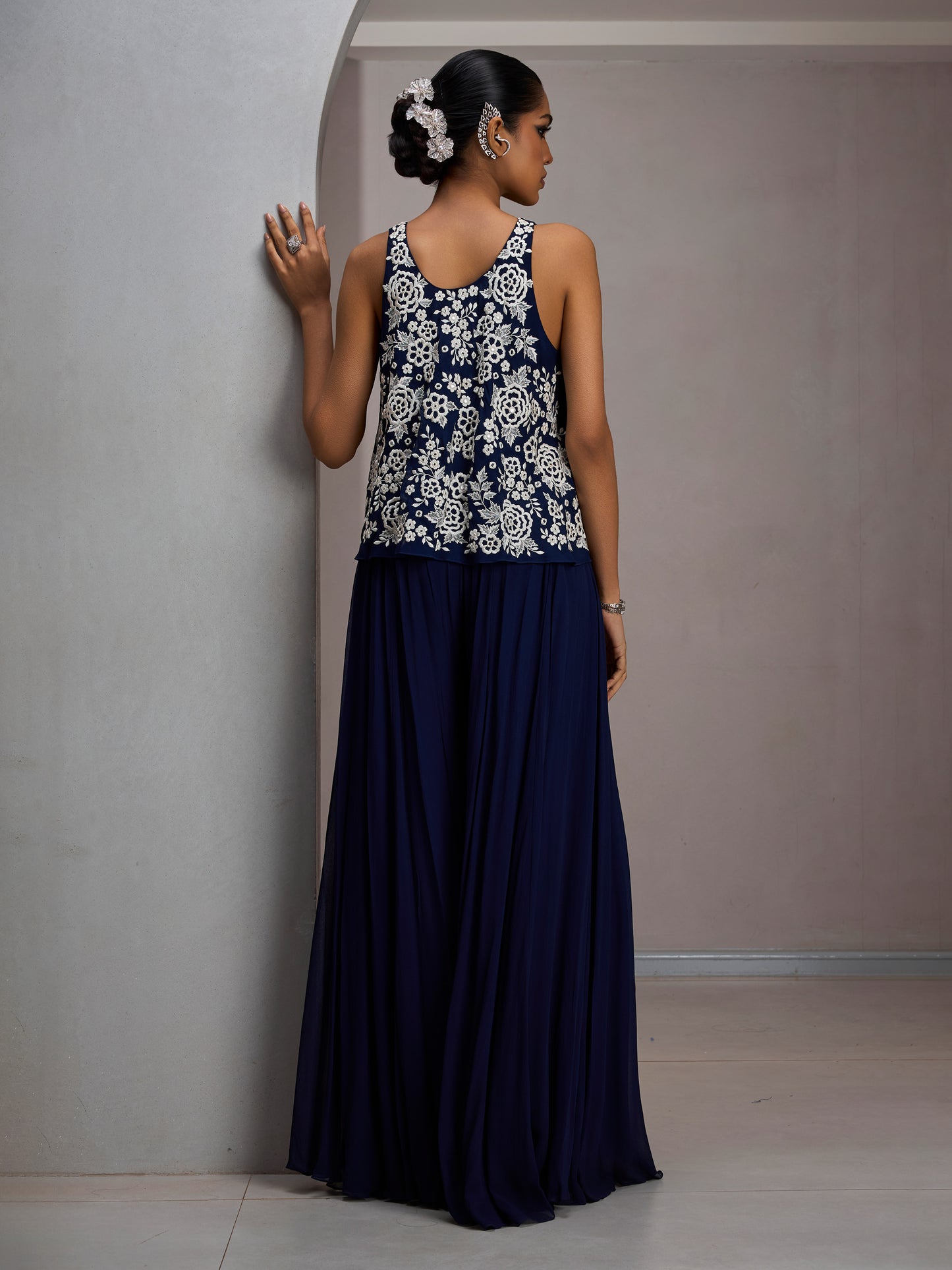 Navy Crop Top With Georgette Flared Sharara Pant And Stole Dupatta