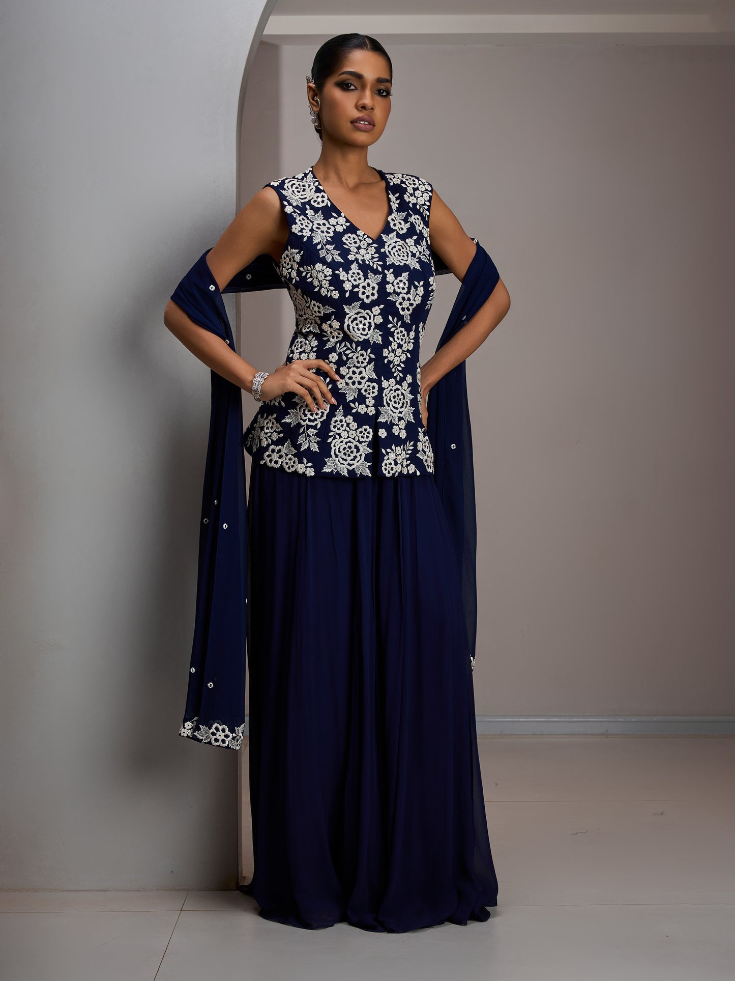 Navy Jacket With Georgette Flared Sharara Pants