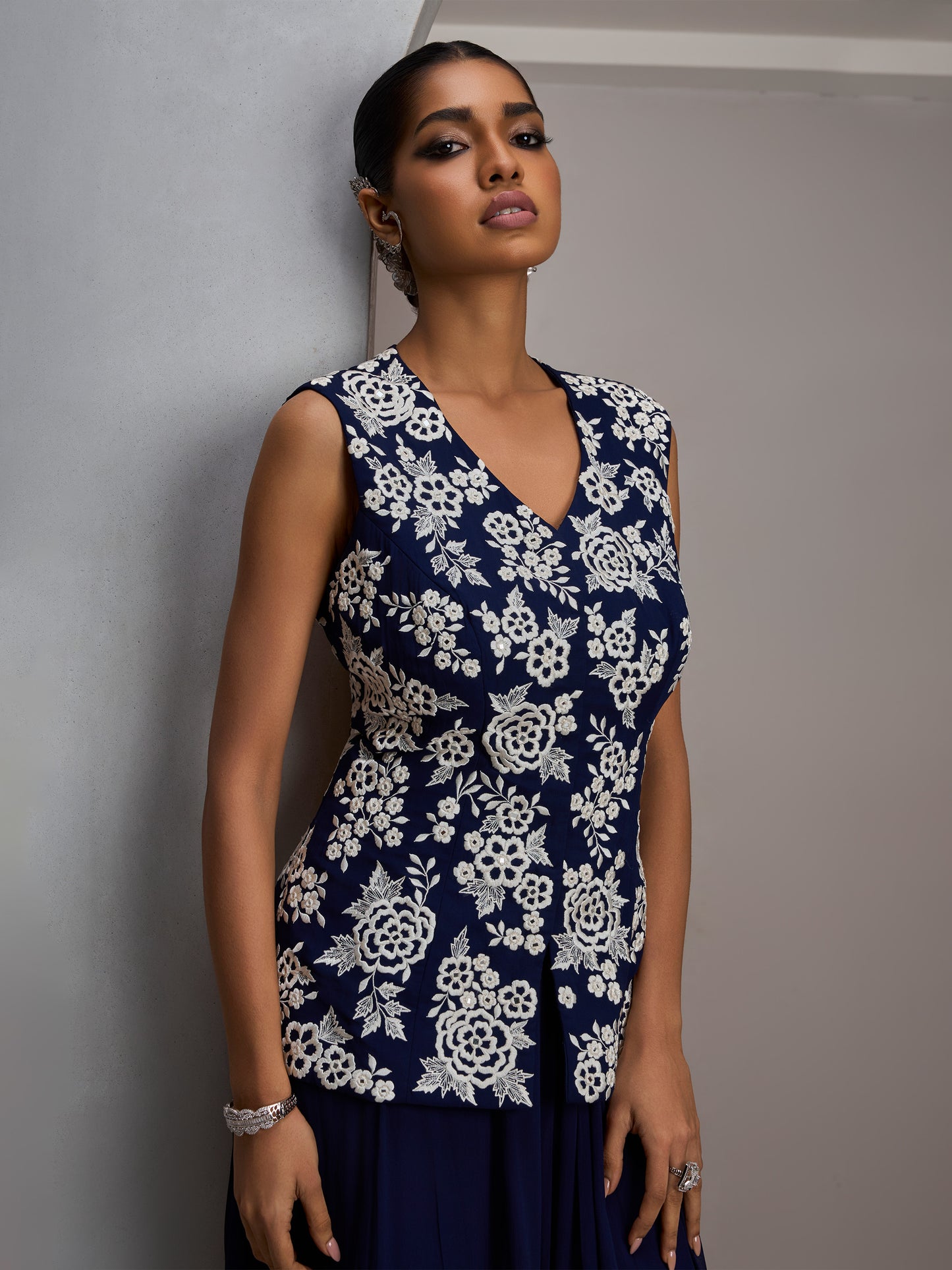 Navy Jacket With Georgette Flared Sharara Pants
