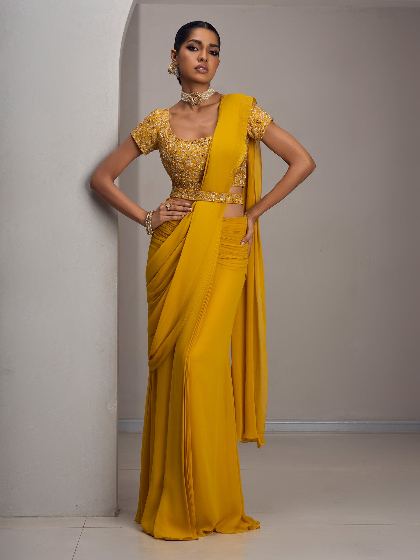 Mustard Rawsilk Blouse With Drape Saree And Belt