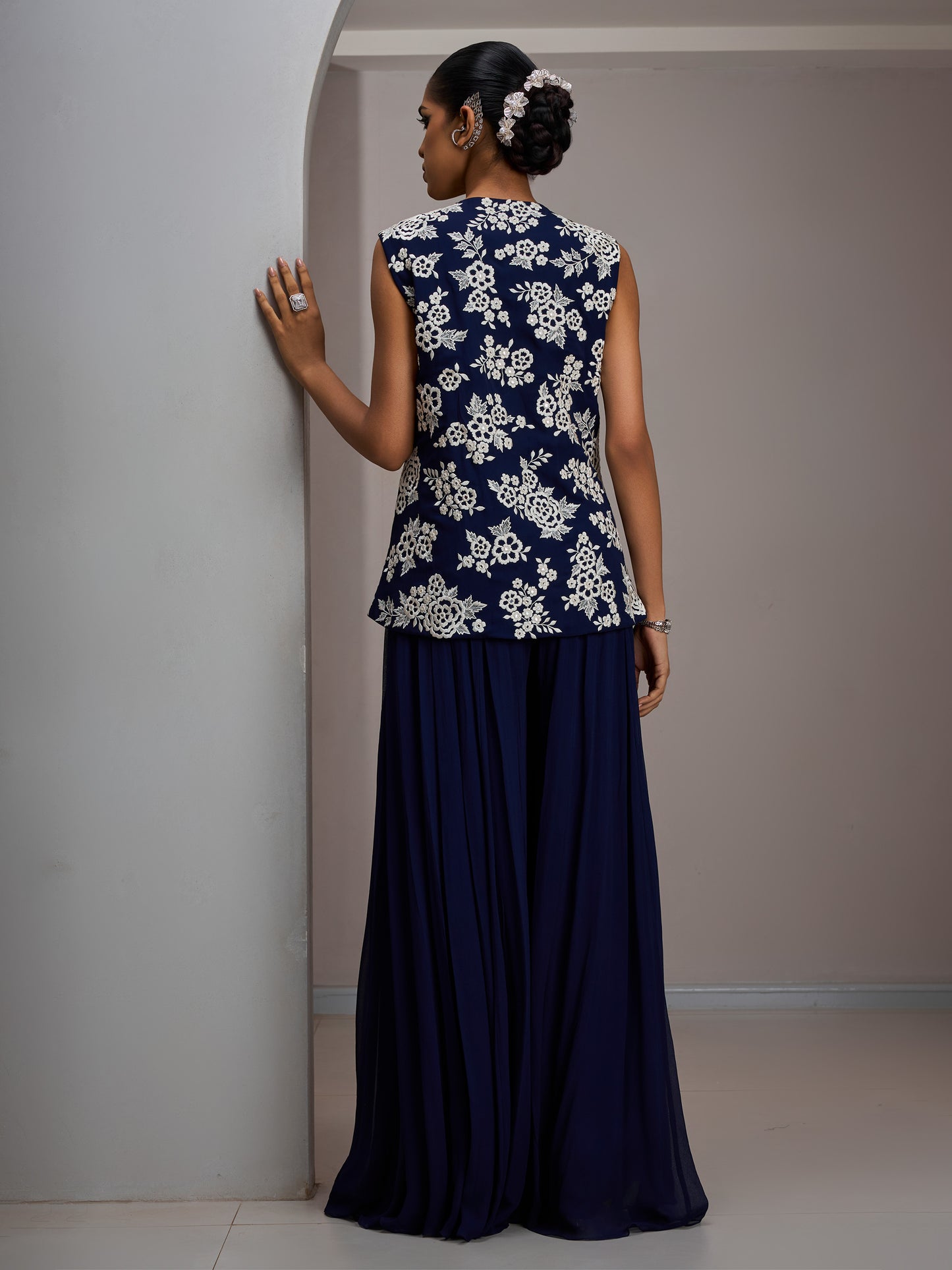 Navy Jacket With Georgette Flared Sharara Pants