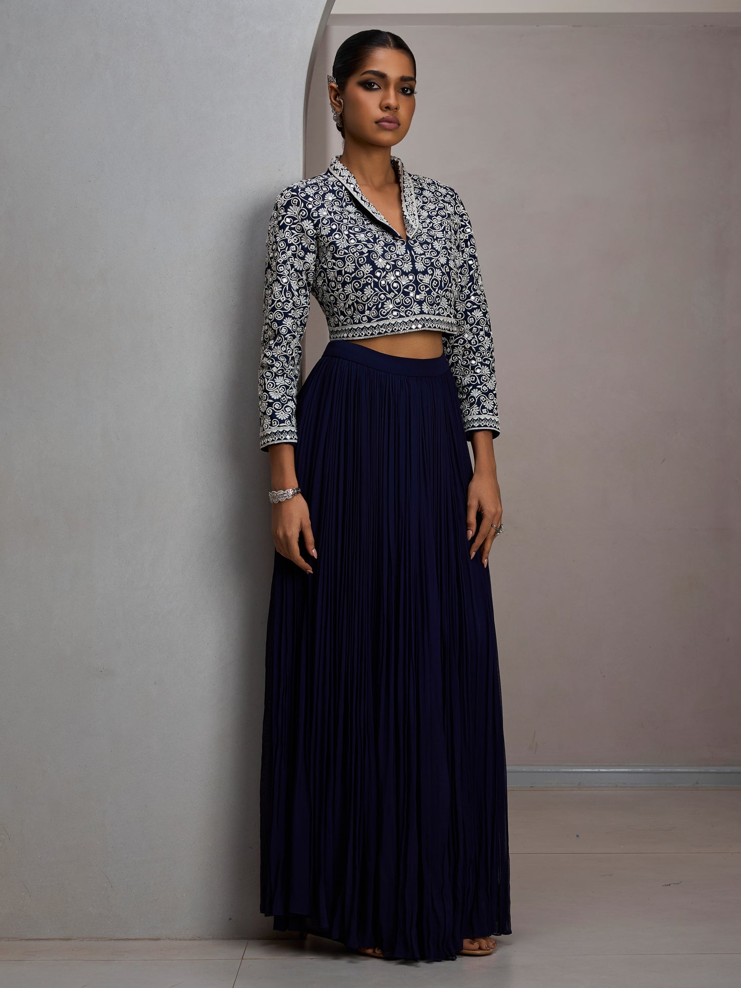 Navy Crop Jacket With Gather Skirt