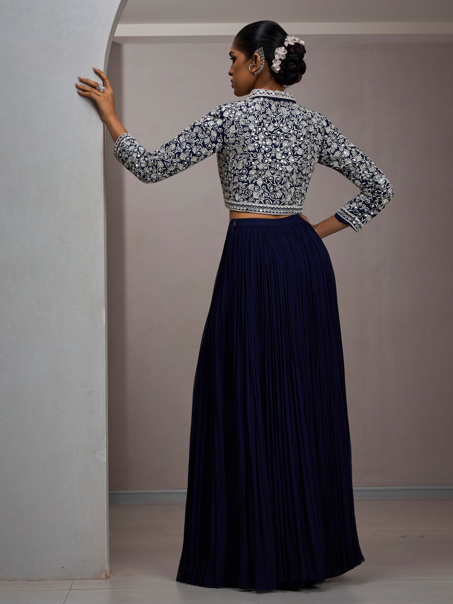 Navy Crop Jacket With Gather Skirt
