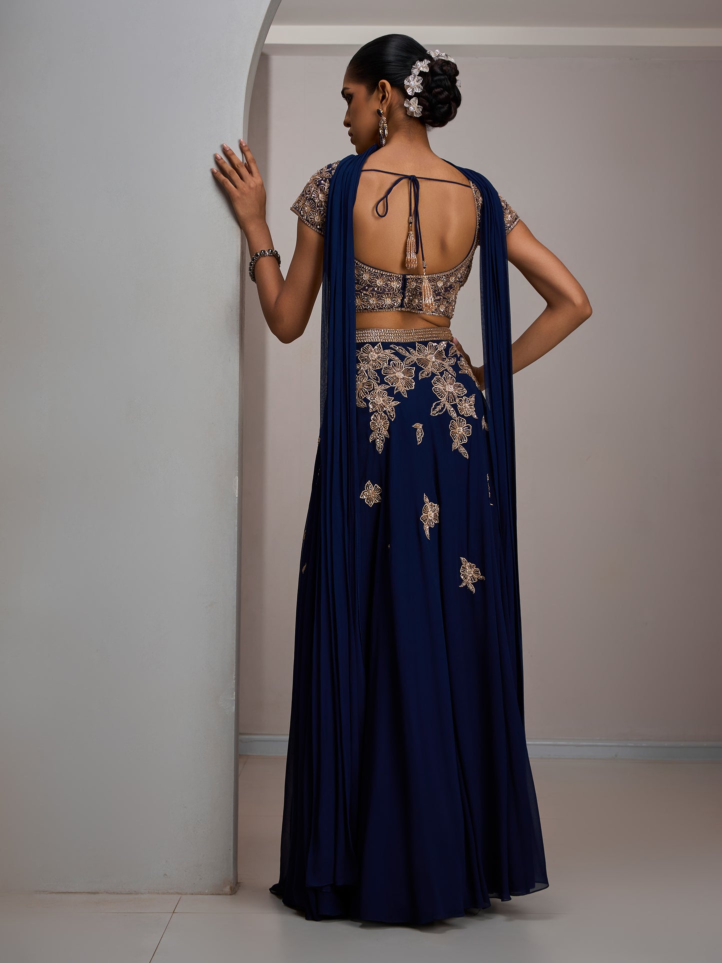 Navy Net Blouse With Georgette Skirt And Choker