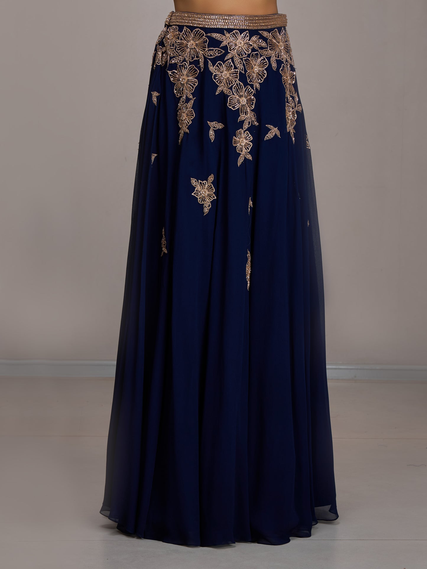 Navy Net Blouse With Georgette Skirt And Choker