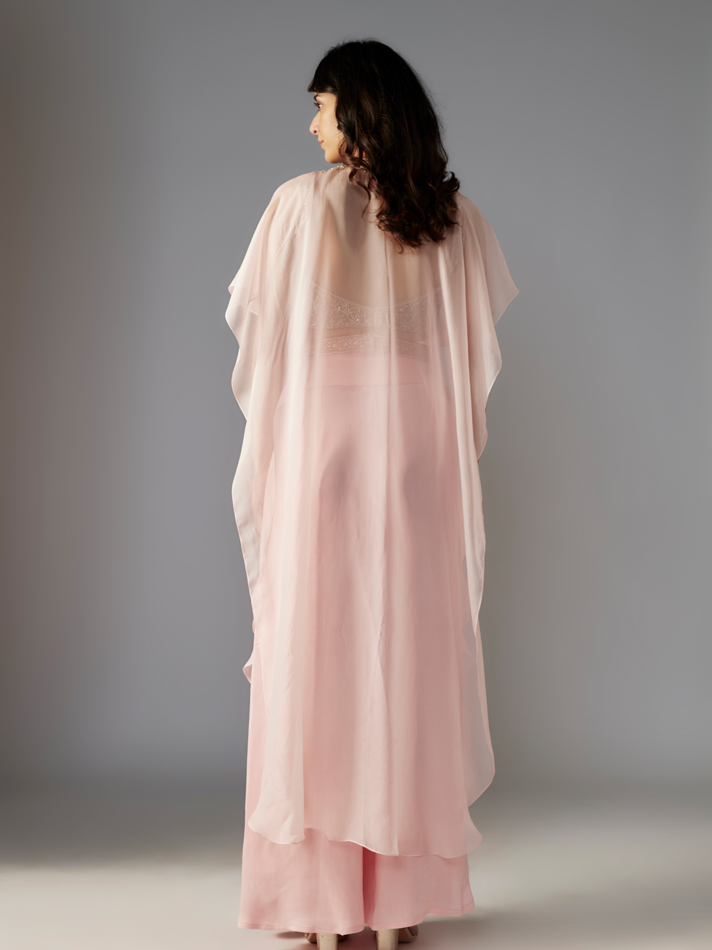 Pink Hand Embroidered Sharara Set with Cape and Belt