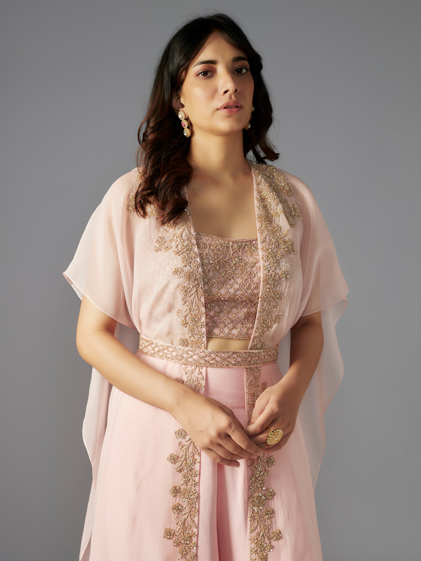 Pink Hand Embroidered Sharara Set with Cape and Belt