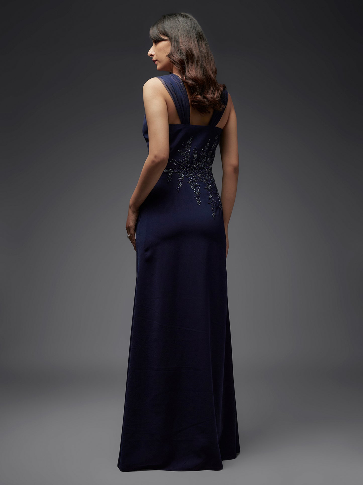 Navy Embroidered Lycra Gown
