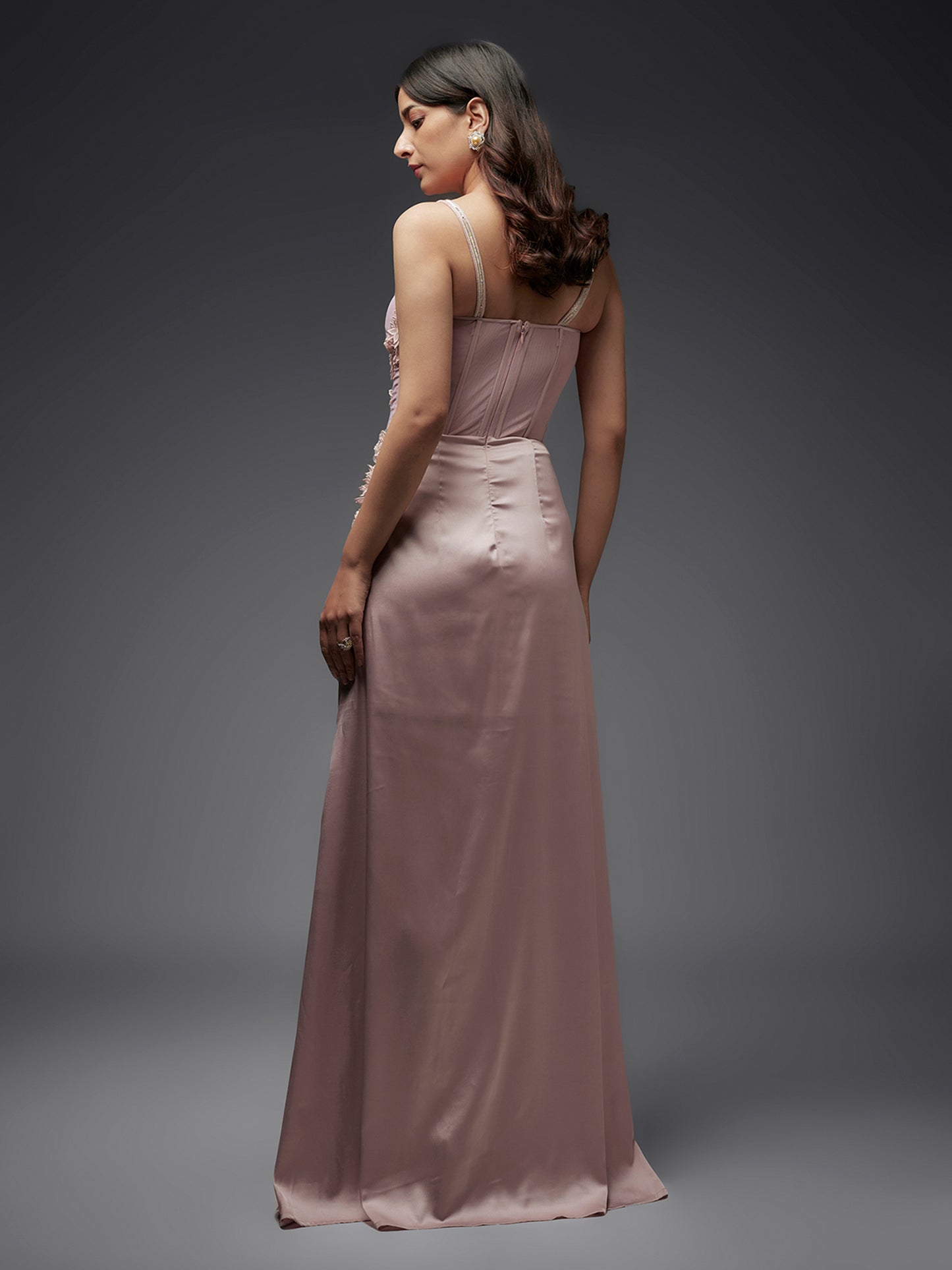 Old Rose Modal Satin Side Slit Embroidered Gown