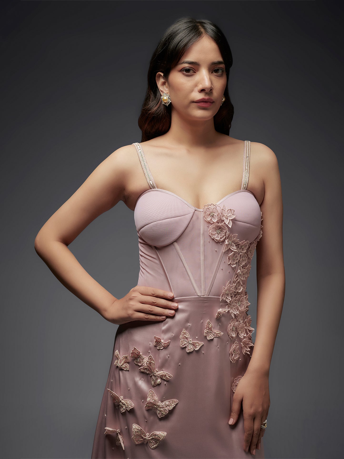 Old Rose Modal Satin Side Slit Embroidered Gown