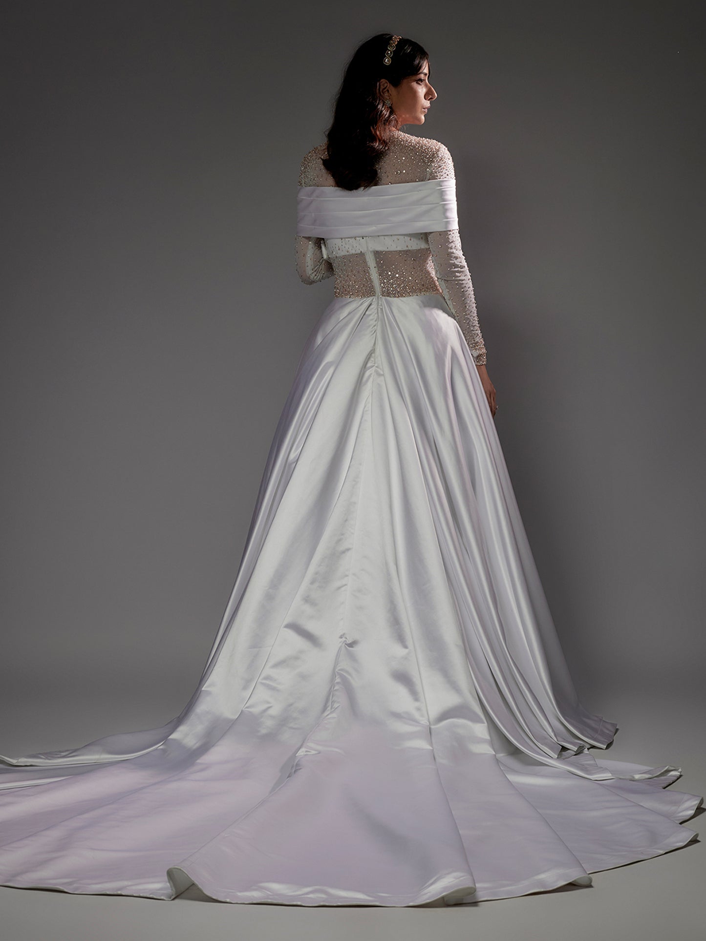 White Satin Hand Embroidered Bridal Gown with Trail