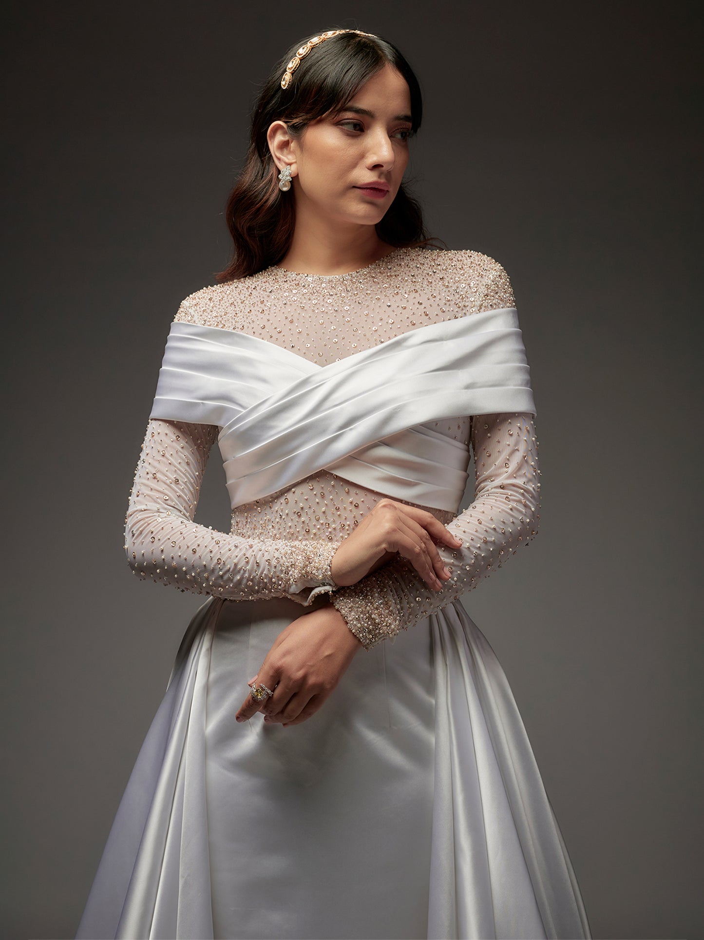 White Satin Hand Embroidered Bridal Gown with Trail