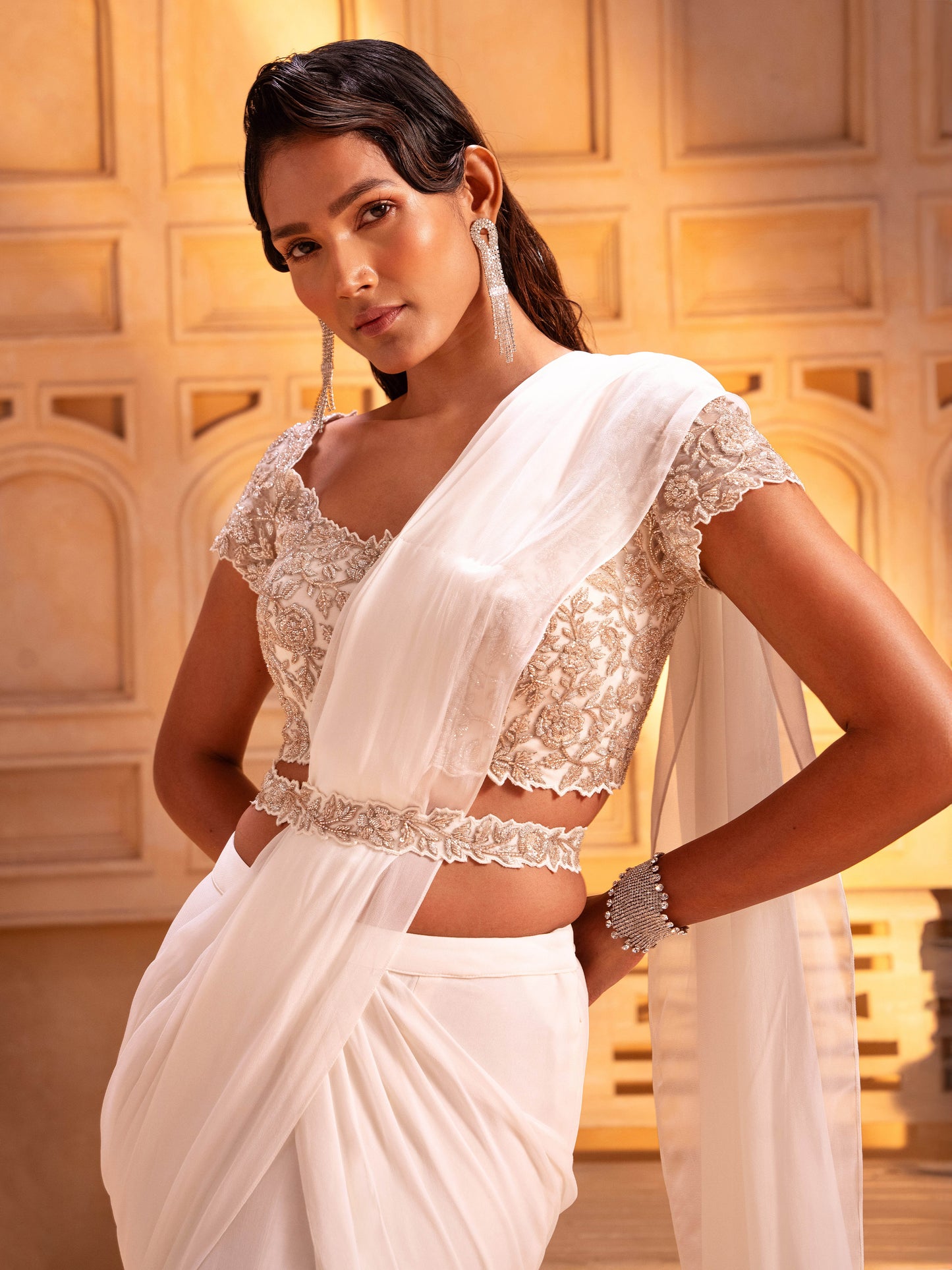 Ivory Hand Embroidered Drape Saree Set