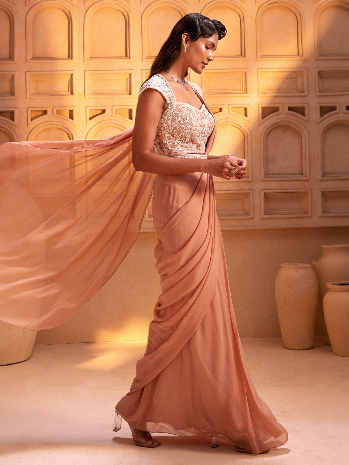 Nude Embroidered Drape Saree Set