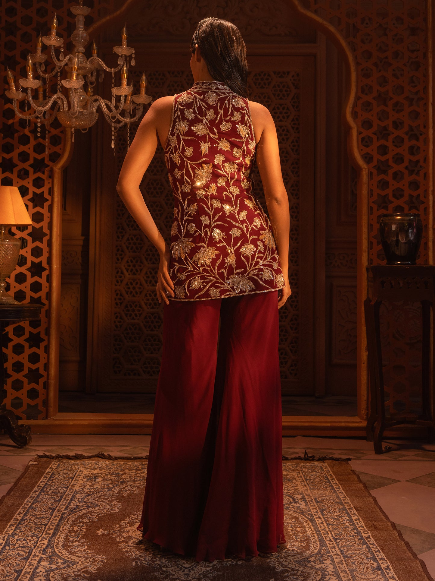 Maroon Embroidered Jacket Set