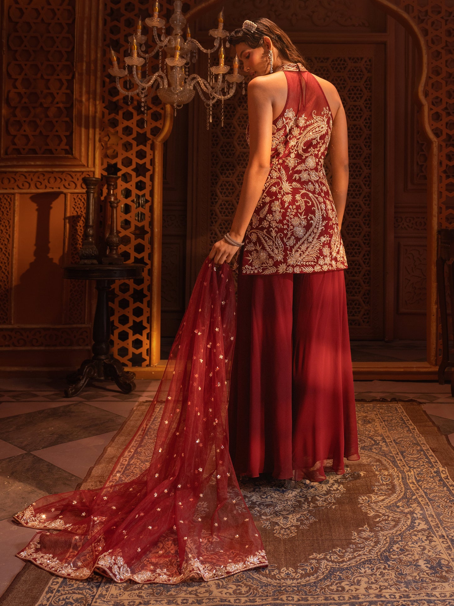 Maroon Hand Embroidered Kurti Sharara Set