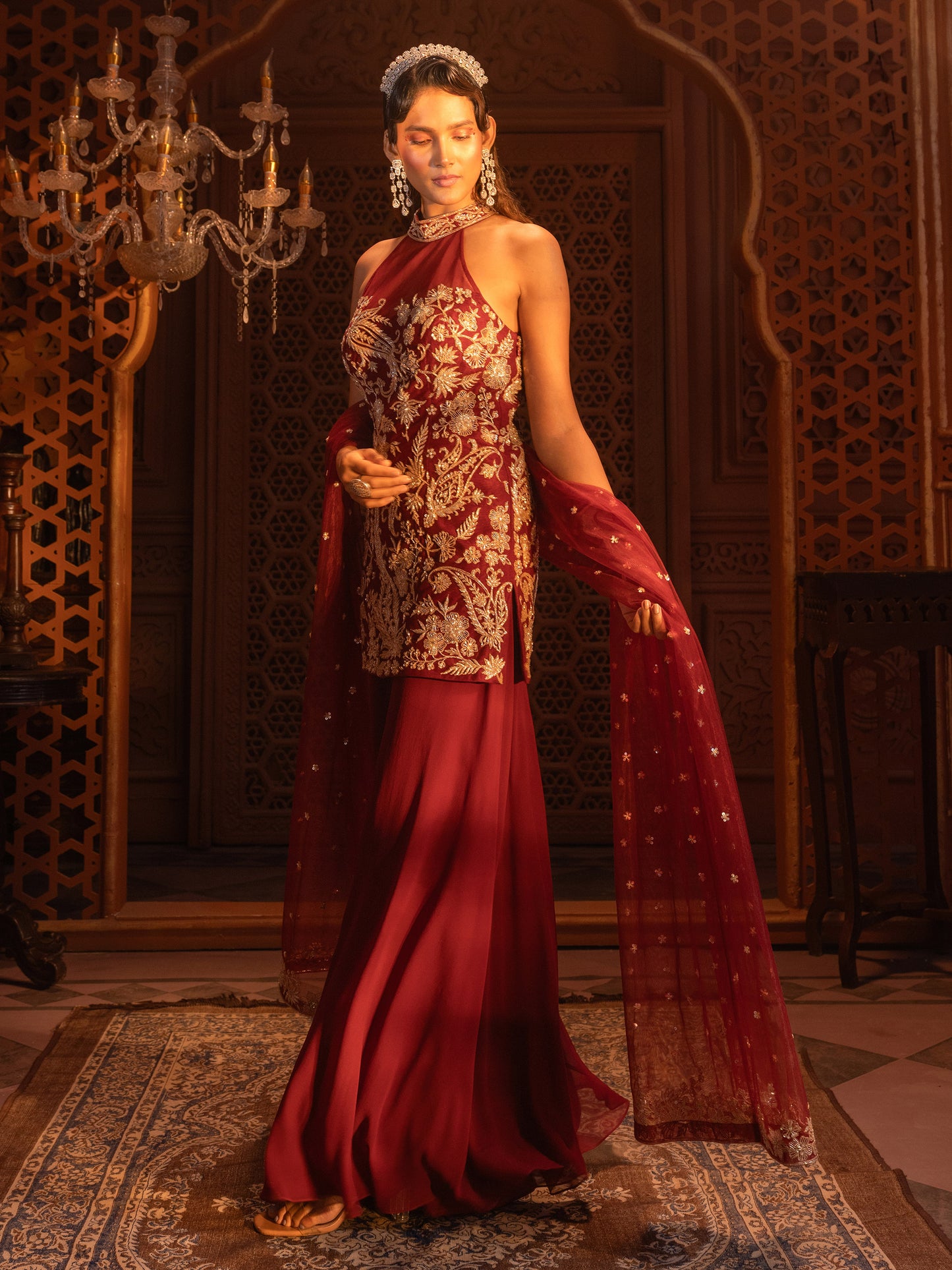 Maroon Hand Embroidered Kurti Sharara Set