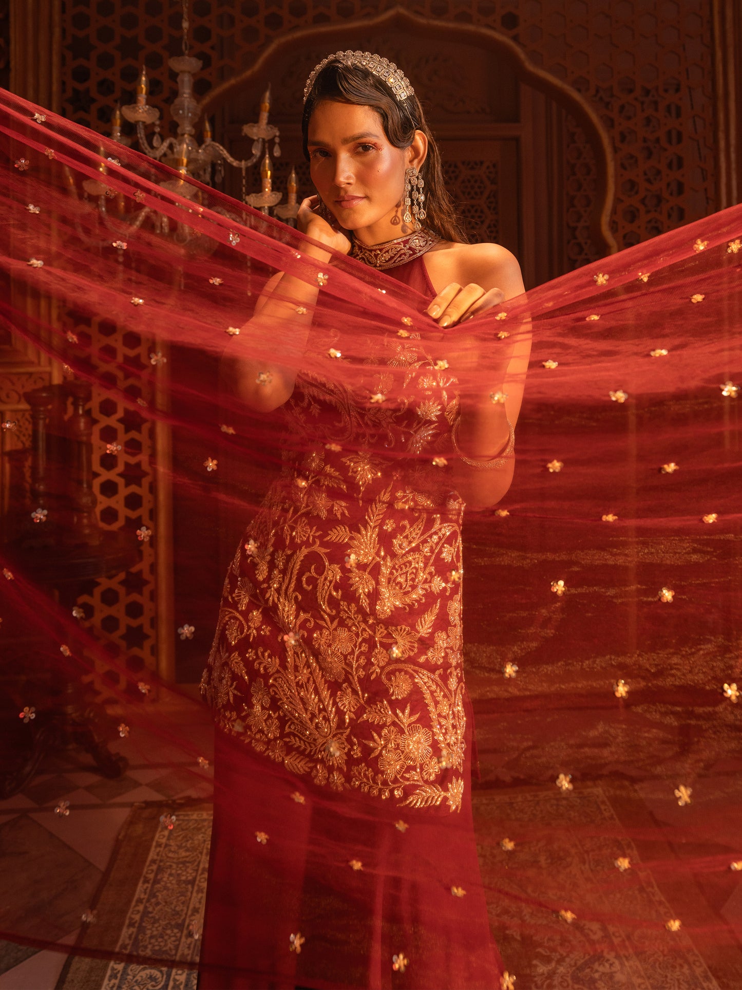 Maroon Hand Embroidered Kurti Sharara Set
