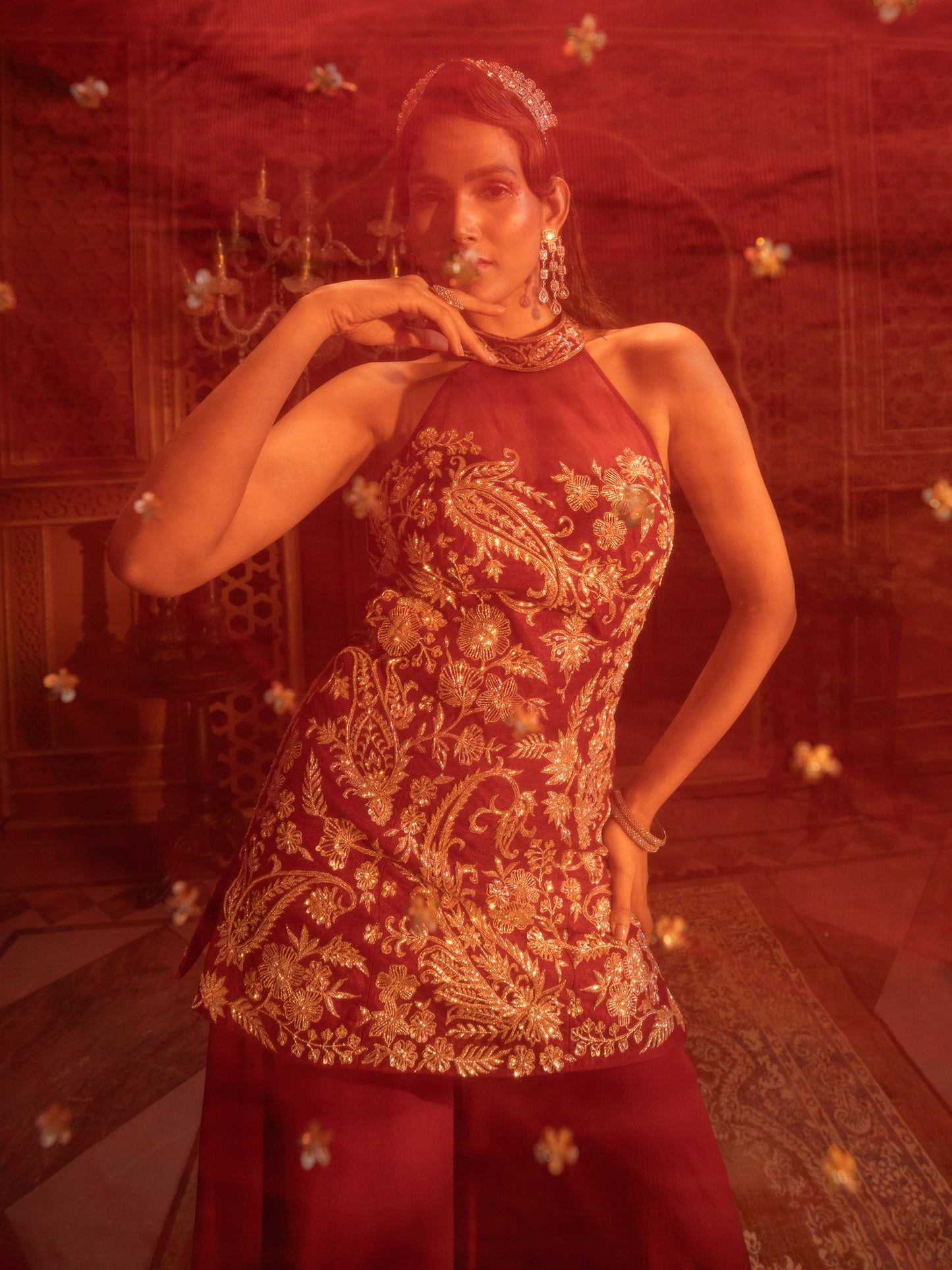 Maroon Hand Embroidered Kurti Sharara Set