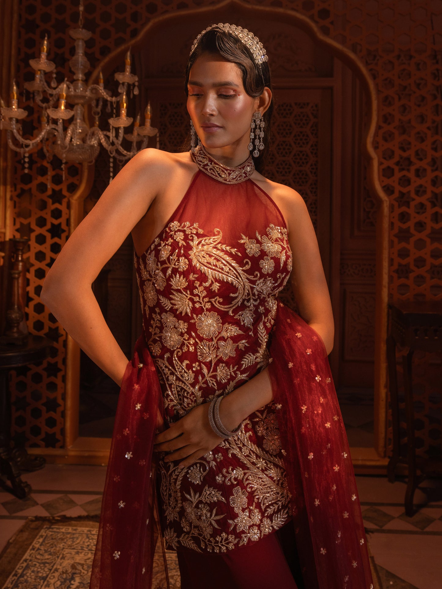 Maroon Hand Embroidered Kurti Sharara Set