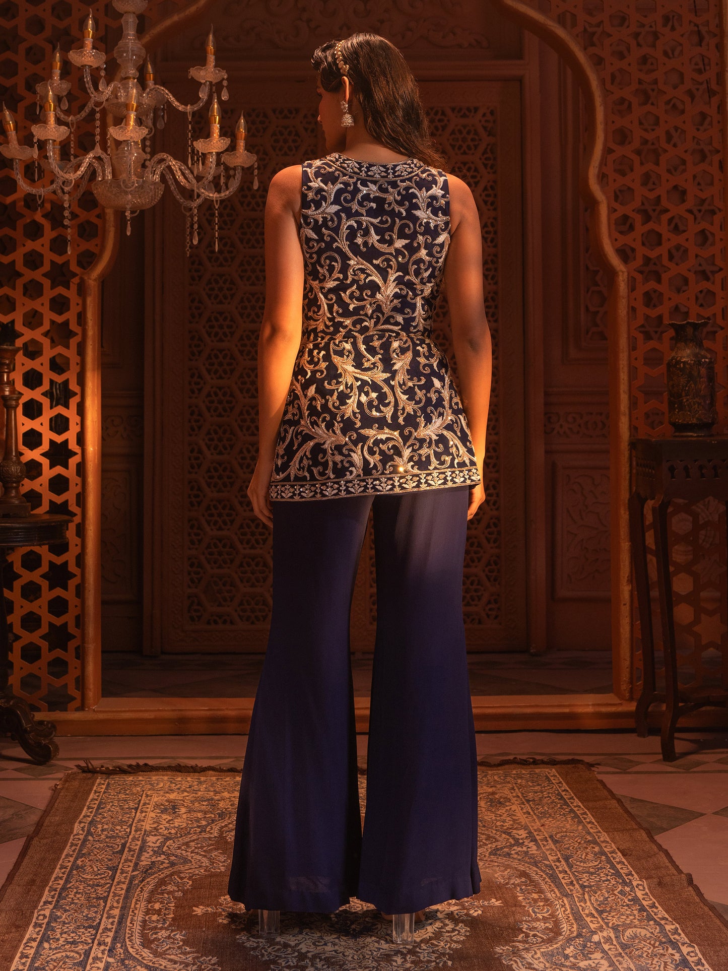 Navy Embroidered Peplum Jacket Set